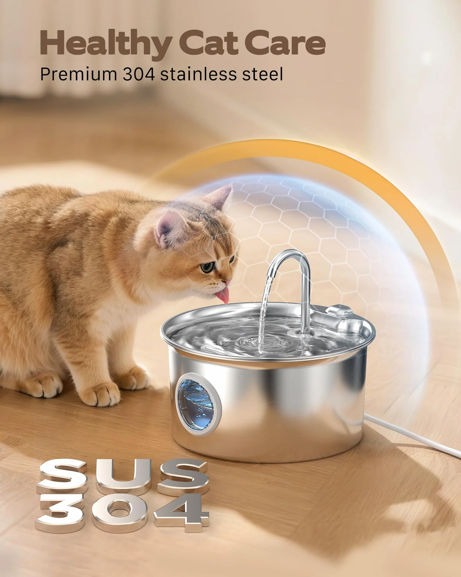 Fontanella per Gatti Acciaio Inox: Fontana per Gatti Inossidabile - 2.6L Automatico Fontanelle Gatto Silenziosa - Dispenser Acqua Gatto con Finestra Livello Acqua - Distributore Acqua per Cani