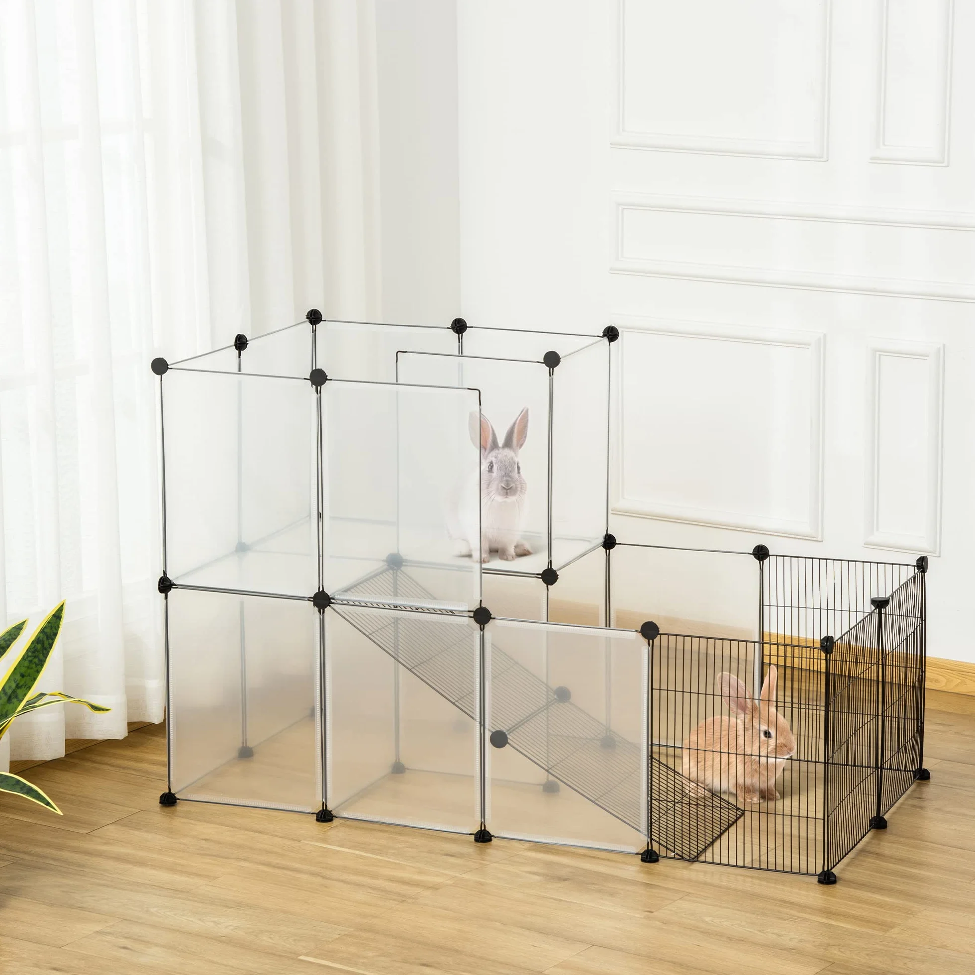 PawHut Recinto Modulare per Conigli, Cincillà e Porcellini d'India, Box per Animali di Piccole Dimensioni, 27 Pannelli Acciaio e Resina
