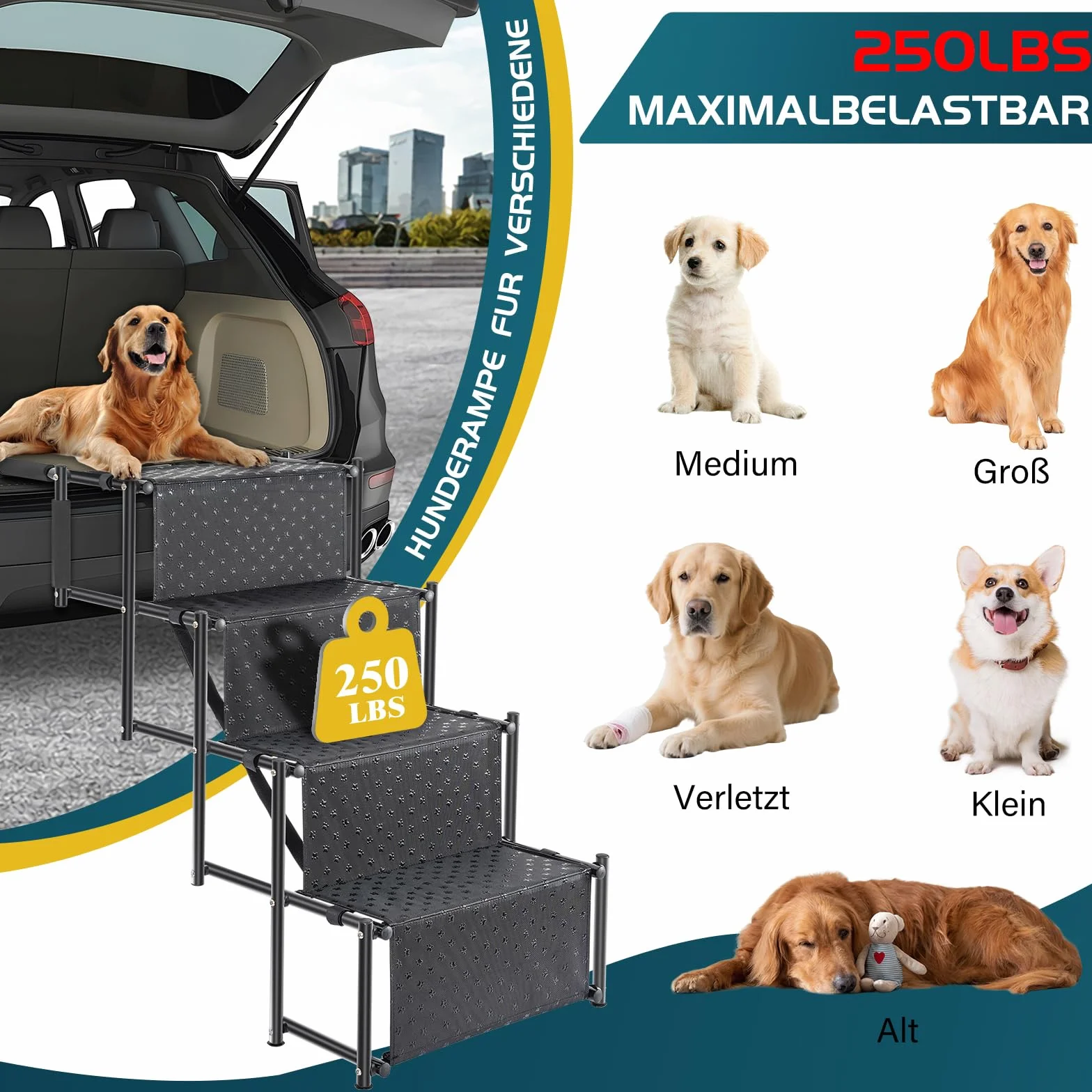 OUUTMEE Scala per cani a 4 livelli pieghevole antiscivolo per cani fino a 80 kg per auto e SUV