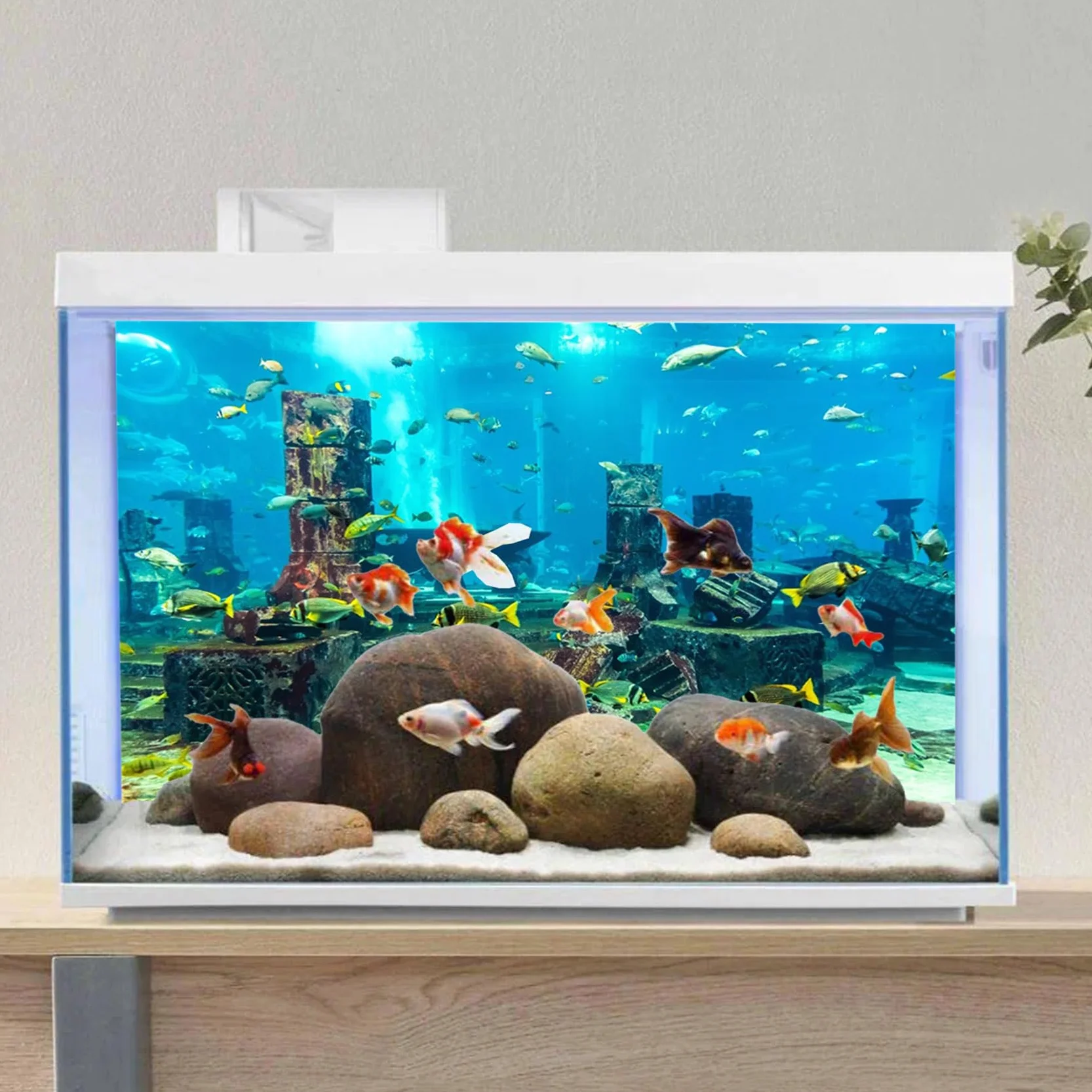 120x50cm Sottomarino Tema Acquario Sfondo Colorato Corallo Pesce Tropicale Rovine Mondo Subacqueo Pesce Serbatoio Poster Sfondo Vinile