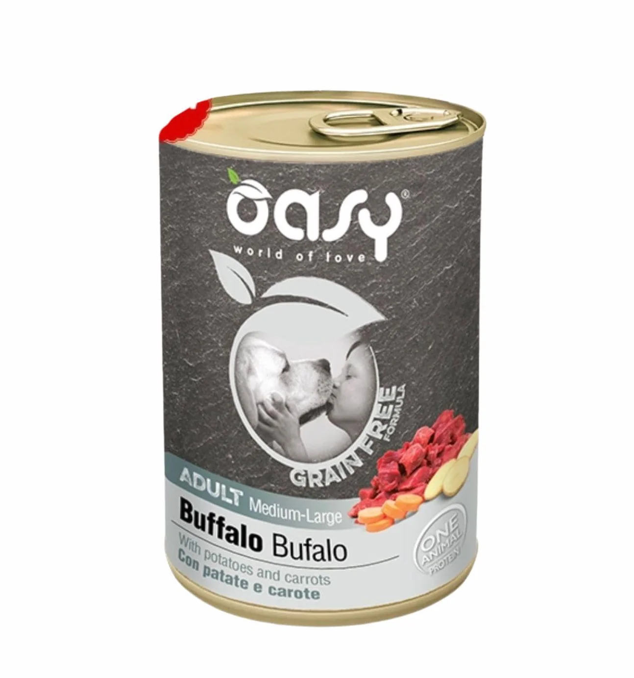 Oasy umido cane adulto grainfree, alimento completo per cani adulti di taglia media e grande (medium) gusto BUFALO | 6 scatolette da 400 grammi l’una.