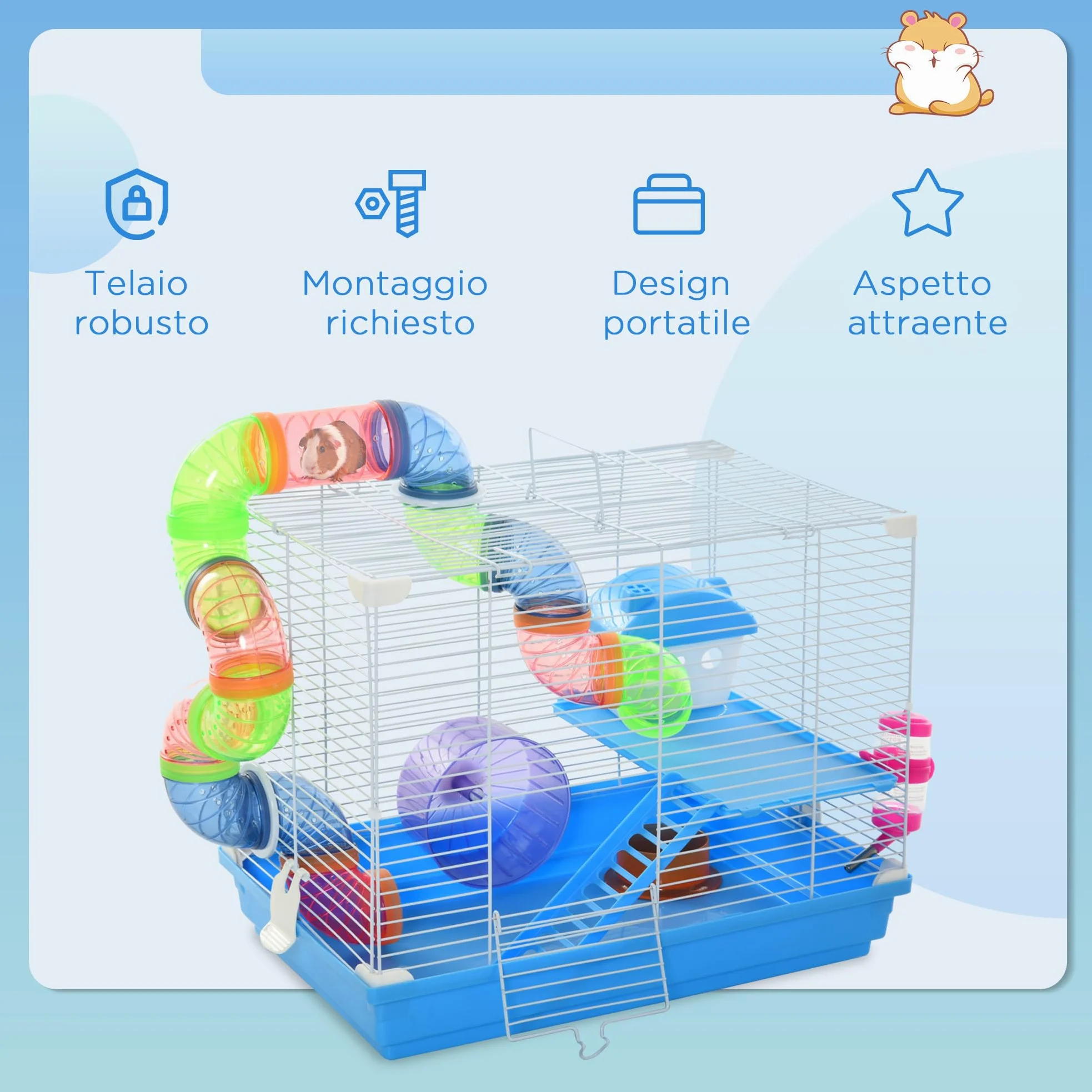 PawHut Gabbia per Criceti a 2 Livelli con Tunnel 46x30x37cm Blu e Bianca | Serbatoio per Acqua, Vassoio Rimovibile, Ruota per Criceti