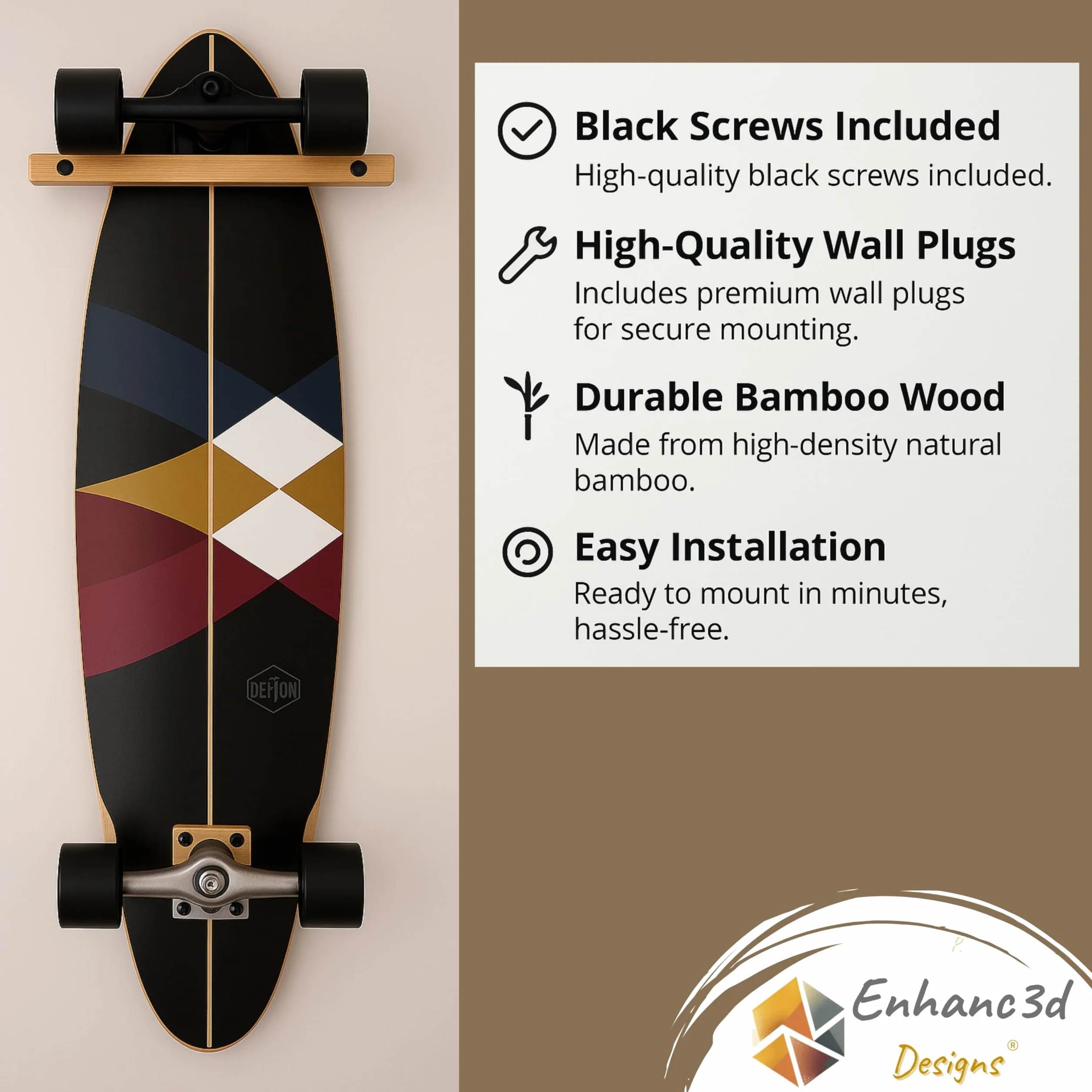 Supporto verticale per skateboard in legno di bambù, gancio da parete, longboard