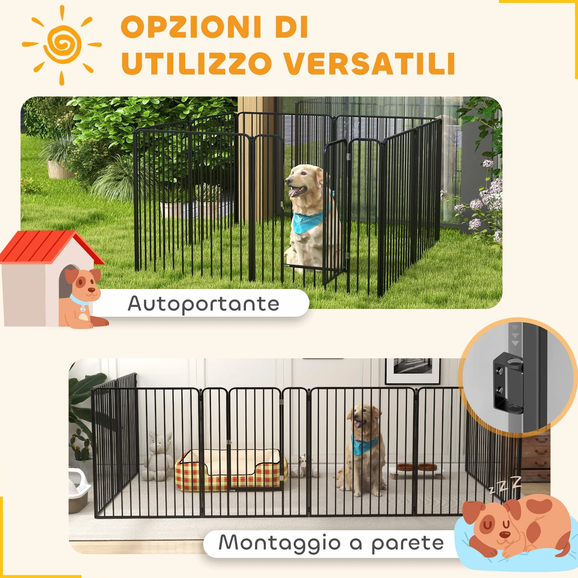 PawHut Box per Cani Taglia Piccola, Media e Grande a 8 Pannelli Modulabili da Interno ed Esterno, Cancello per Cani in Acciaio con 9 Picchetti, 164x164x100 cm, Nero