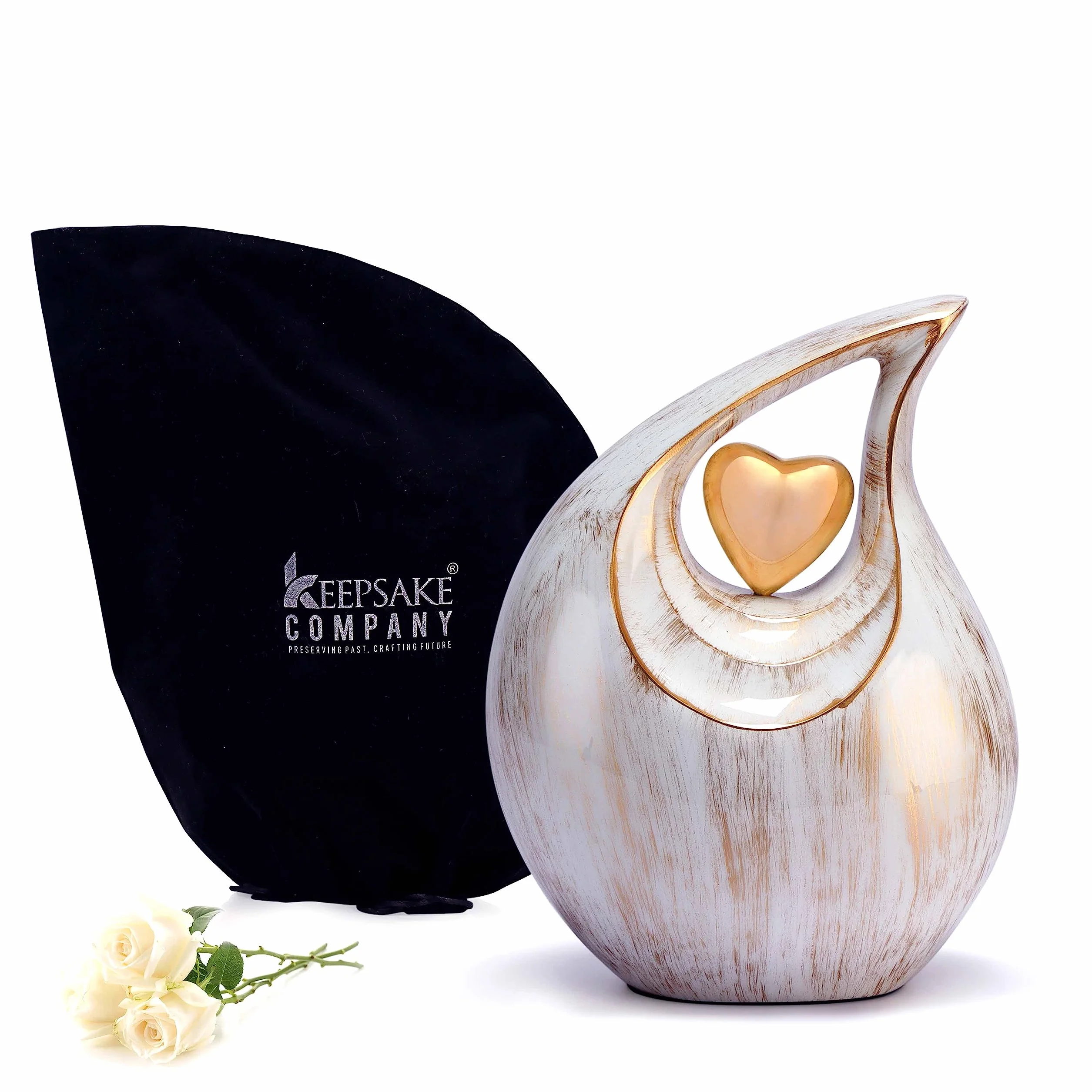 Grande urna a goccia bianca dorata con cuore dorato per ceneri umane maschili - Urna per uomini e donne adulti - Urna a forma di cuore, 2,5 litri, lacrima dorata bianca