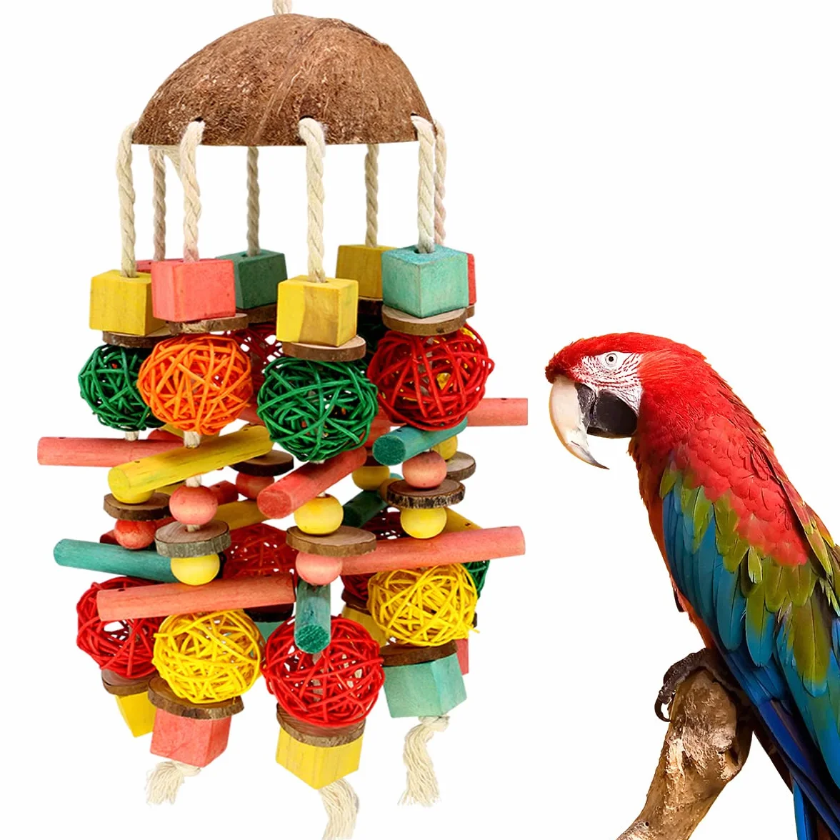 Giocattolo da masticare per pappagallo grande in legno naturale multicolore