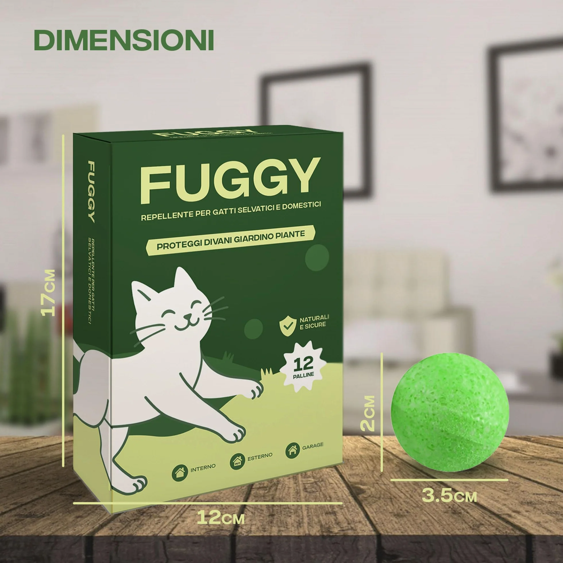 FUGGY - Repellente per Gatti Divano Naturale – Dissuasore e Disabituante Gatti per Interno ed Esterno – 12 Palline + 5 Buste – Anti Gatto Divano e Giardino