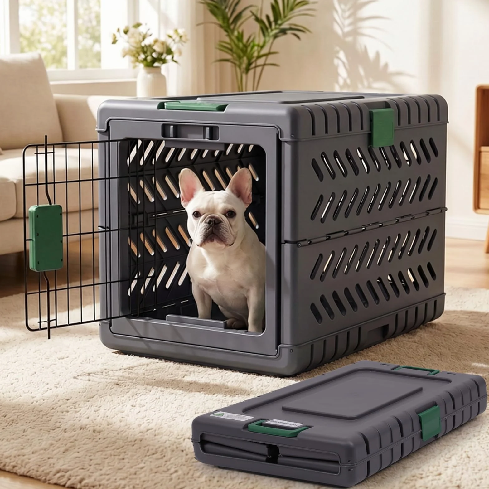 Gardner Pet Trasportino Pieghevole per Cani Grandi, Gabbia di Trasporto per Cani con 2 Ruote, Montaggio Senza Attrezzi, Facile da Trasportare, Trasportino in Acrilico Extra Large, 71x46x53cm, Verde