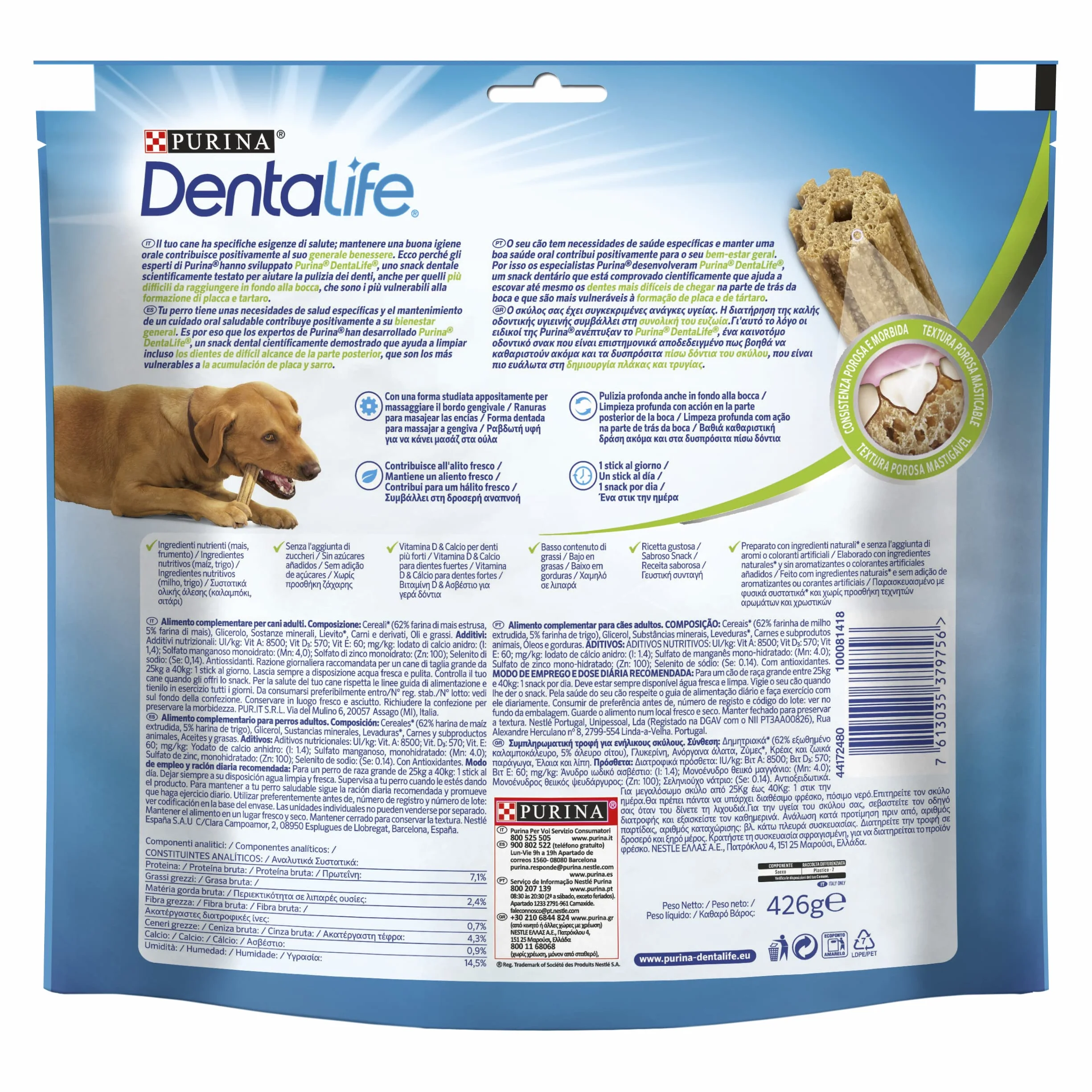 PURINA DENTALIFE Daily Oral Care Snack per l'Igiene Orale per Cani Adulti Stick con Pollo 5 Confezioni da 426g
