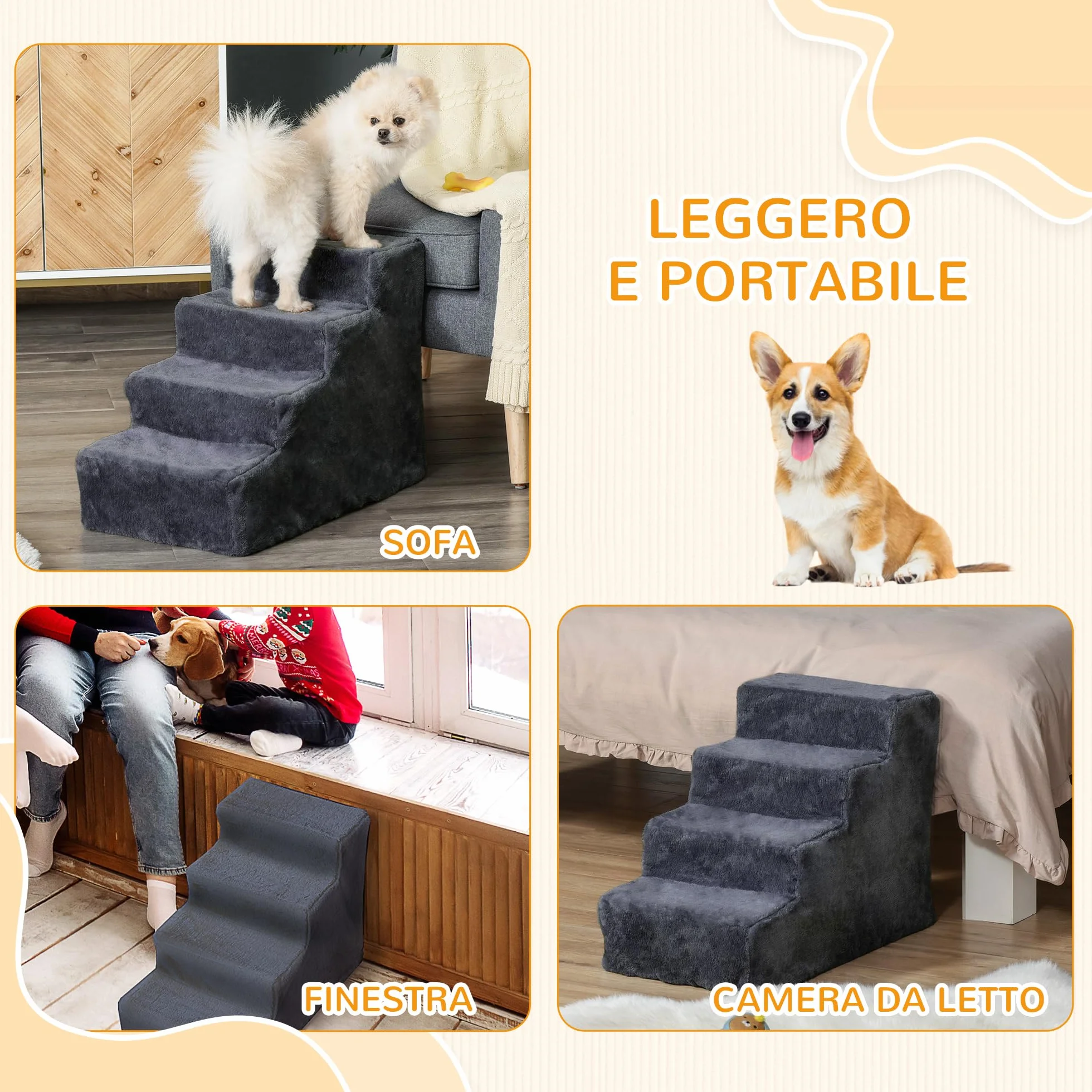 PawHut Scala per Cani 4 Gradini 60x35x44 cm Scaletta per Cani Gatti 10 KG Tessuto Vellutato Sfoderabile Lavabile Grigio Scuro