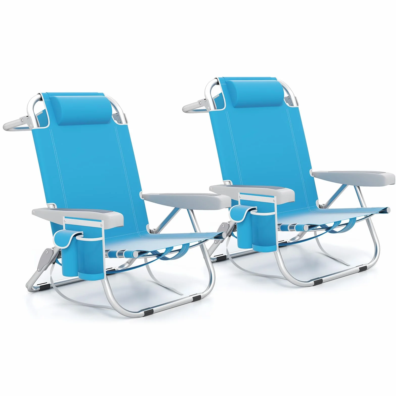 COSTWAY Set di 2 Sedie da Spiaggia, Sdraio Pieghevole a 5 Posizioni con Portabicchieri, Poltrona da Spiaggia con Cuscino per Testa e Zaino, Sedia da Campeggio Portatile, Portata 150 kg (Azzurro,2)