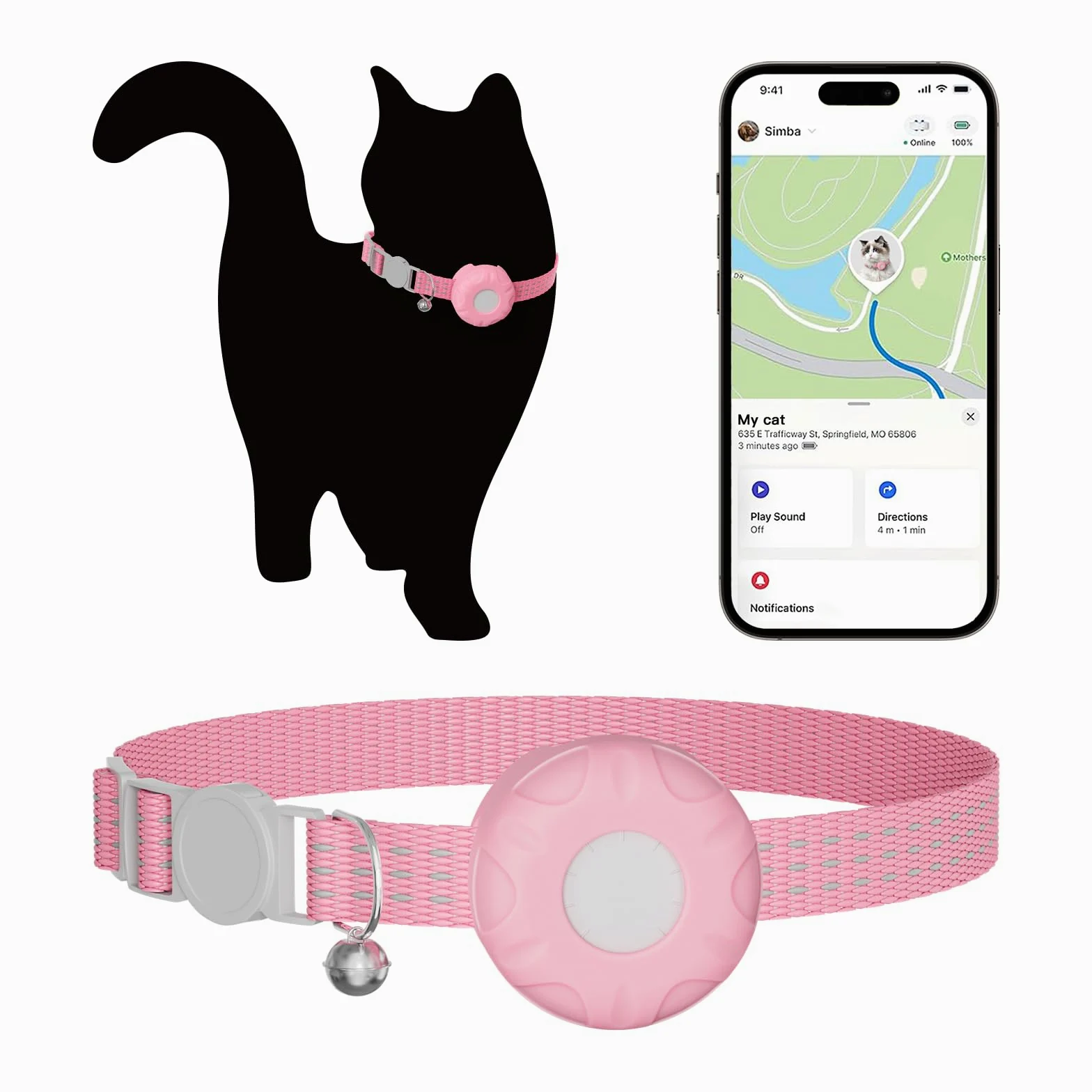 Localizzatore GPS per gatti, compatibile con Apple Find My App (solo iOS), collare impermeabile per gatti con campanello e fibbia elastica di sicurezza, senza canone mensile, avvisi intelligenti, rosa
