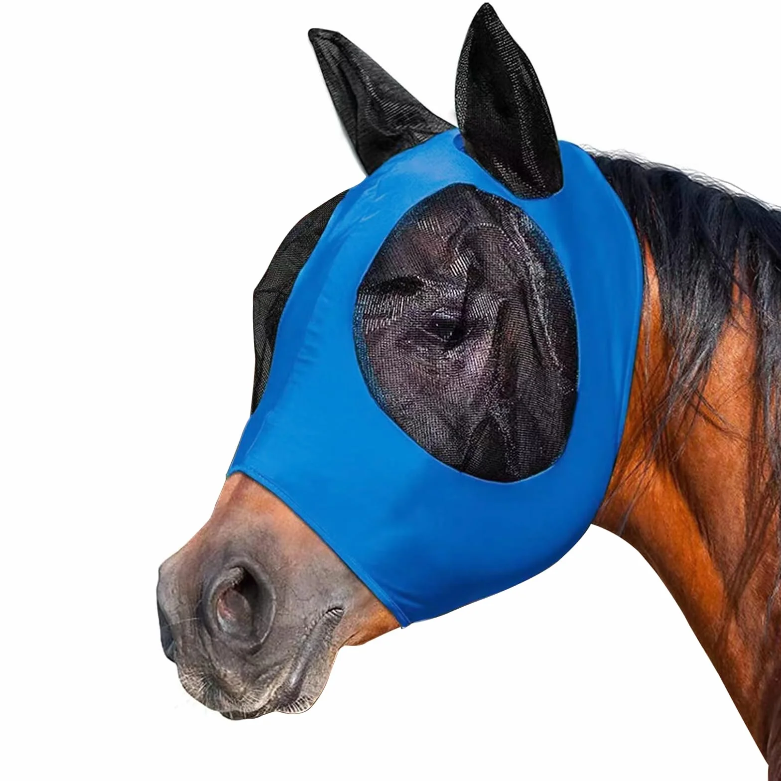 Maschera Anti-Mosche per Cavallo UV Protezione, Maschera Cavallo Antimosche,Maschera per mosche a cavallo,Leggera e Traspirante,con para Orecchie,per la Protezione del Cavallo,Blu