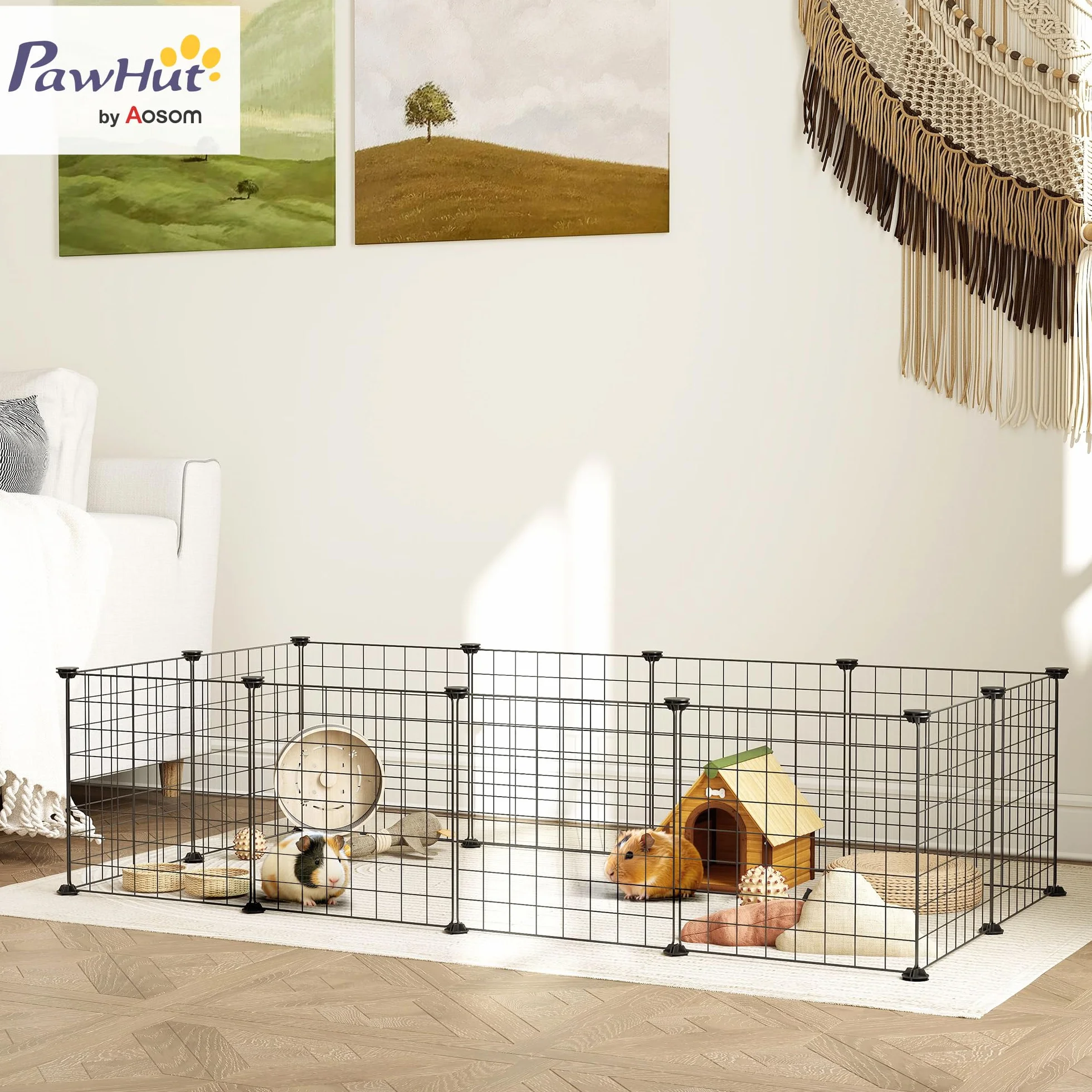 PawHut Recinto per Cuccioli e Piccoli Animali Modulabile in Metallo e PP, 12 Pannelli da 35x35cm Nero