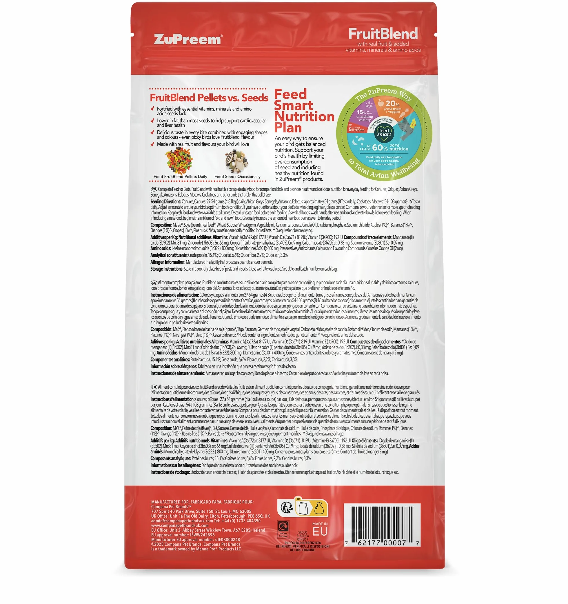 Zupreem Multifrutta Cibo per Uccelli da Azienda - Frutta e Vitamine - Mangime per Uccelli Indicato per Pappagalli, Ara, Cacatua, Caiques e Altri Uccelli Medio-Grandi e Grandi - 1,5 kg