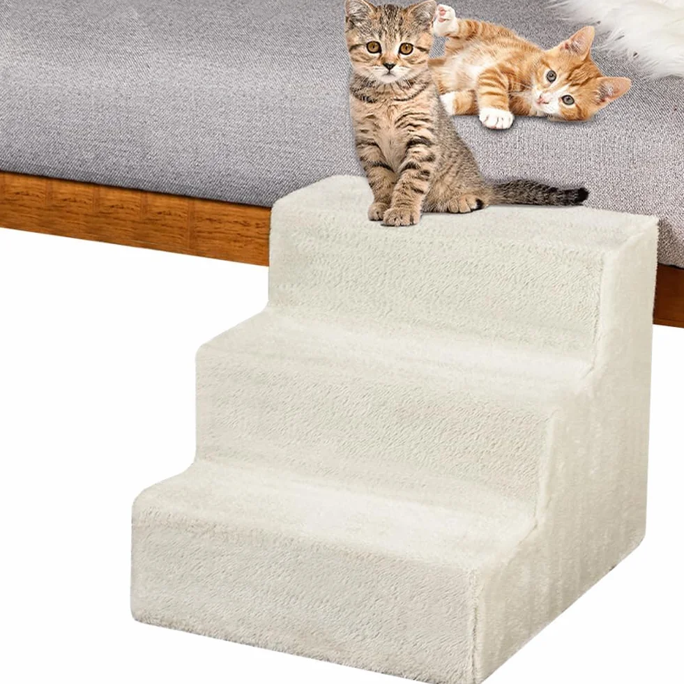 BAKAJI Scala per Animali Domestici con 3 Gradini, Rampa per Gatti e Cani Anziani, 45,5 x 36 x 34 cm, Beige