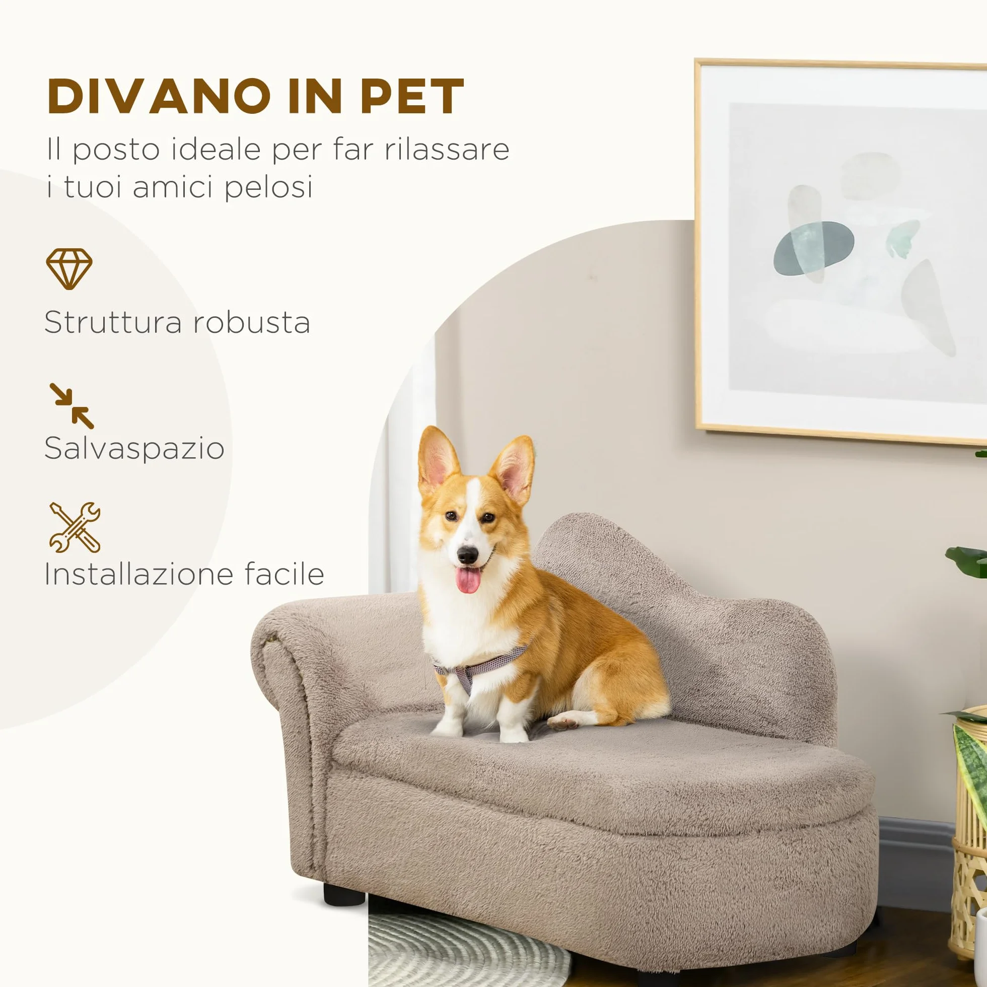 PawHut Divano per Cani Rialzato con Spazio Portaoggetti a Scomparsa, Divano Imbottito in Legno e Tessuto Vellutato, 80x40x46 cm, Beige