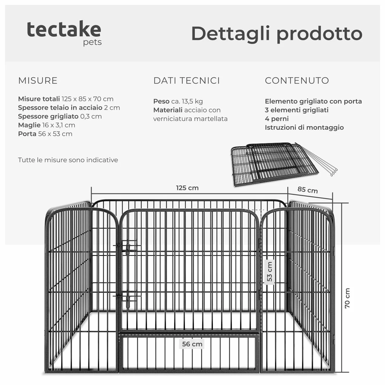 Tectake Recinto per Animali di Piccola Taglia Set 4 Pannelli Pieghevole 70x85 cm