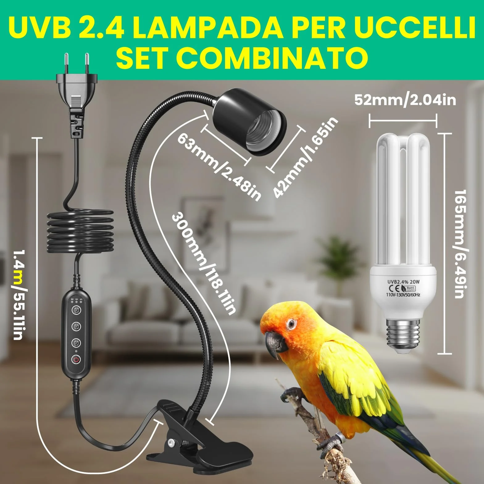 Lampada per Uccelli GlowUp Set Completo con Timer UVB E27 20W