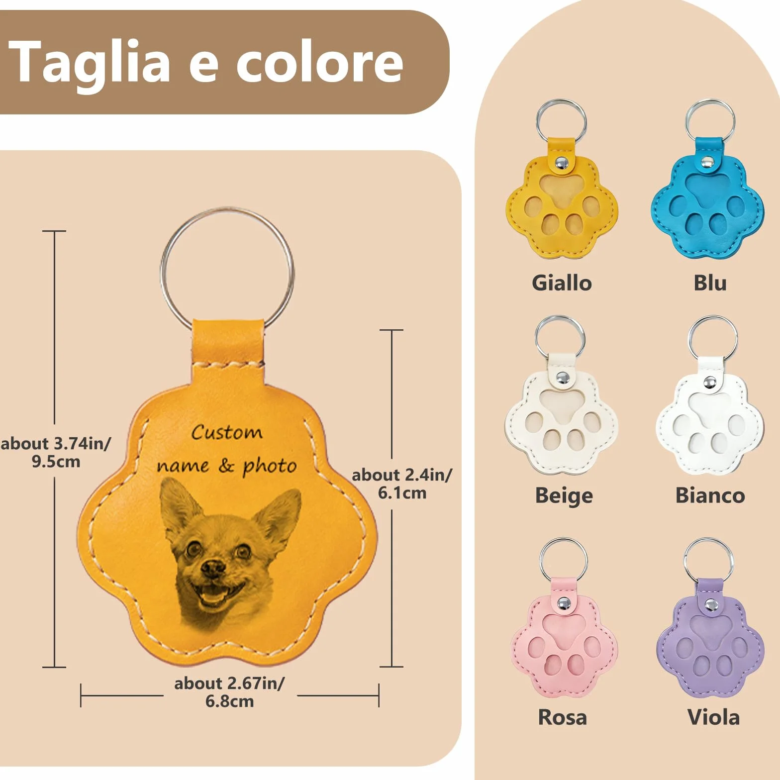 Portachiavi Personalizzato per Cani o Gatti con Foto e Nome, Accessorio in Pelle Inciso, Regalo per Amanti Animali