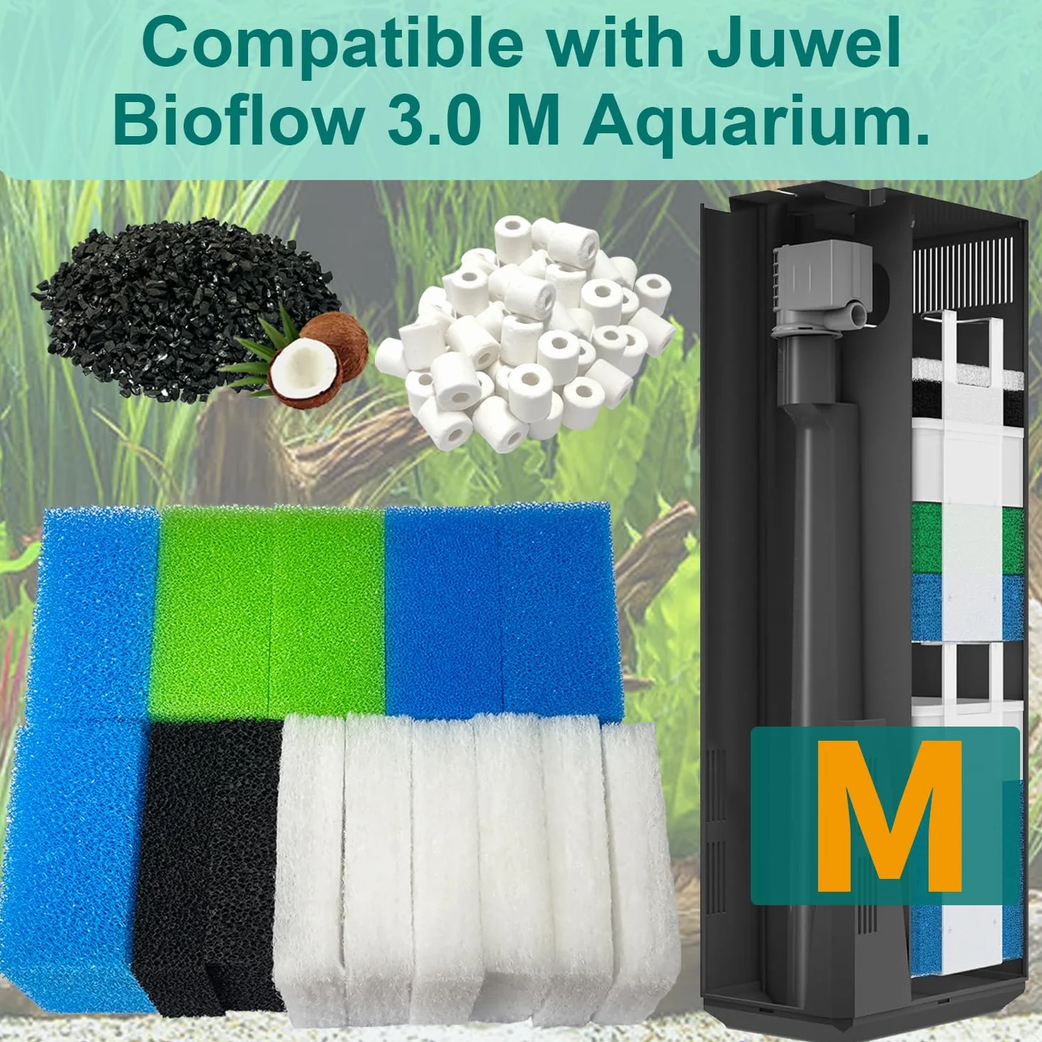 Set di filtri per acquario compatibile con Juwel Bioflow 3.0 M (2 spugne sottili blu, 2 spugne grosse blu, 2 spugne verdi, 2 spugne ai carboni attivi, 6 ovatta filtrante, 2 filtri al carbone