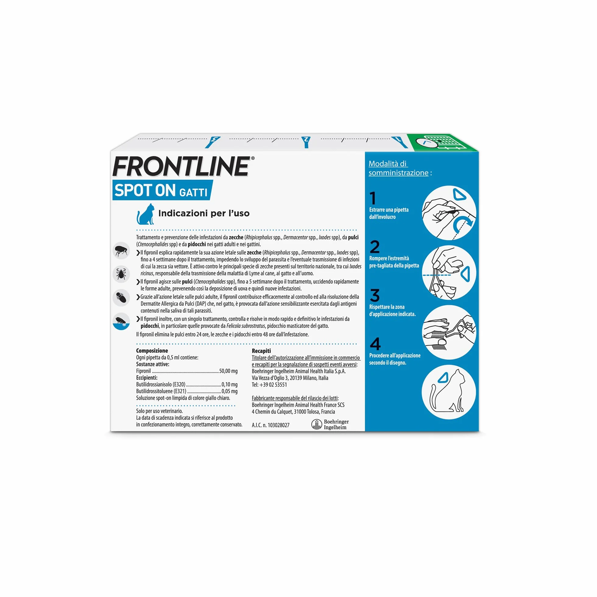 FRONTLINE Spot On 3 Pipette Antiparassitario per Gatti Lunga Durata Protegge da Zecche Pulci Pidocchi 0.5 ml