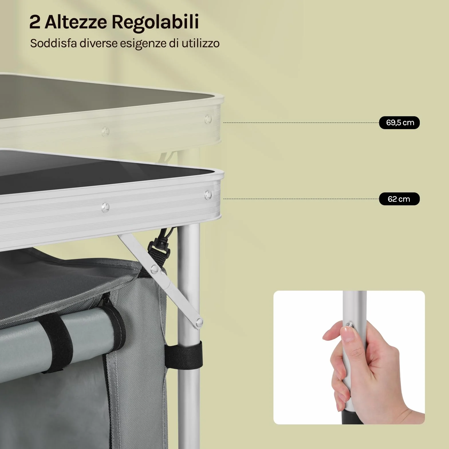 WOLTU Tavolo da Picnic Pieghevole, Mobile Cucina da Campeggio, MDF e Alluminio, 120 x 47 x 62/69.5 cm