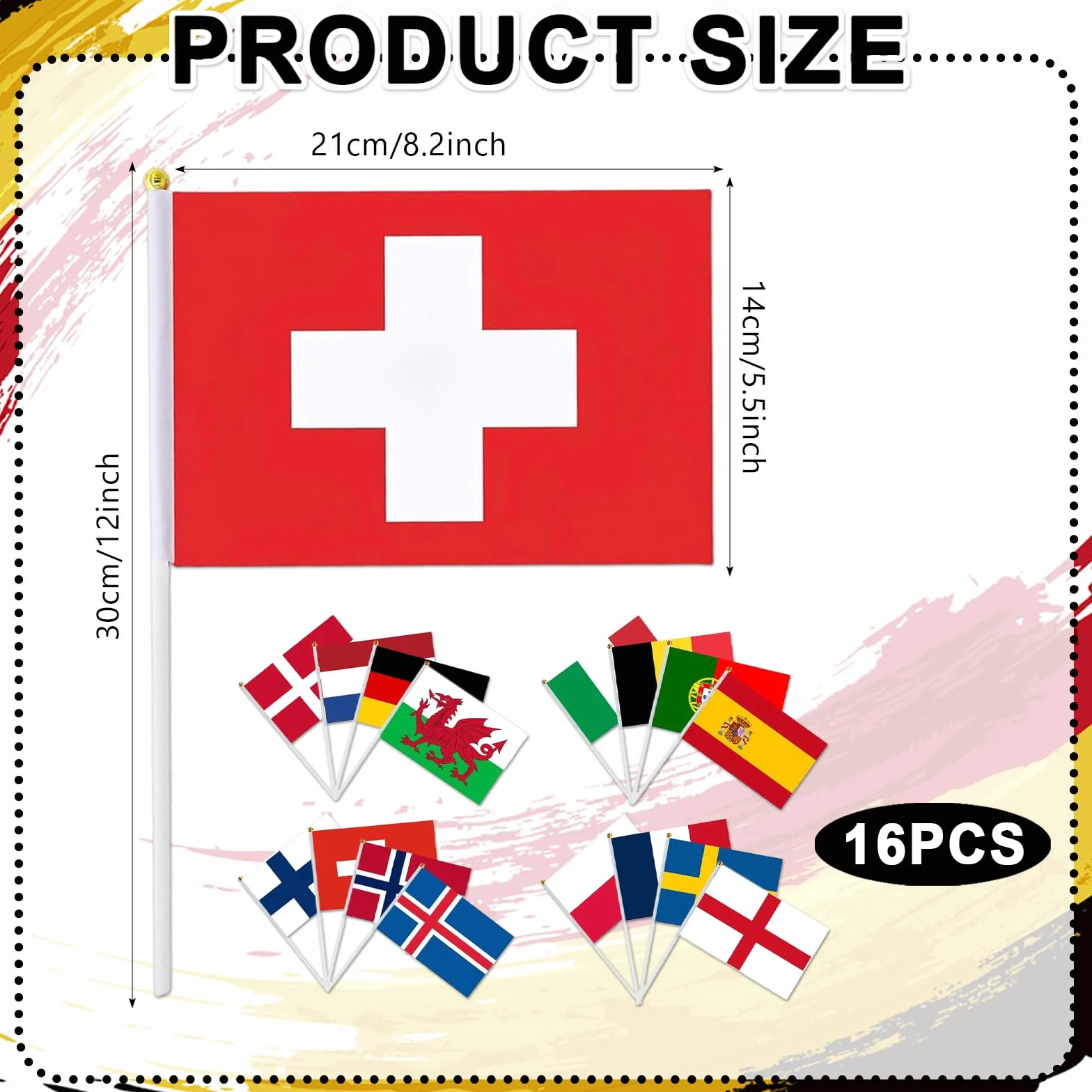 Bandiera Mini Campionato Europeo Calcio Femminile 2025: Set 16 Pezzi 14x21 cm Stelo Plastica