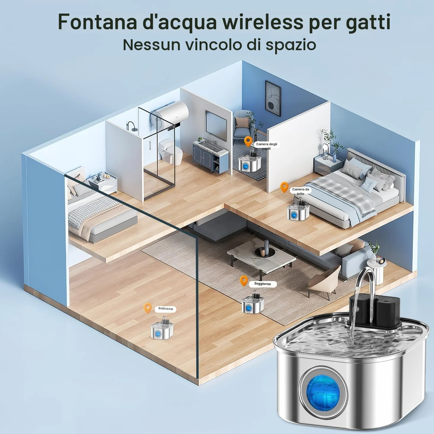 Fontanella per Gatti senza Fili: NautyPaws 3.2L Fontanella per Gatti Acciaio con Batteria 4200mAh, Fontana per Gatto con Sensore di Movimento, Automatico Silenzioso Dispenser Acqua Gatto con Filtri
