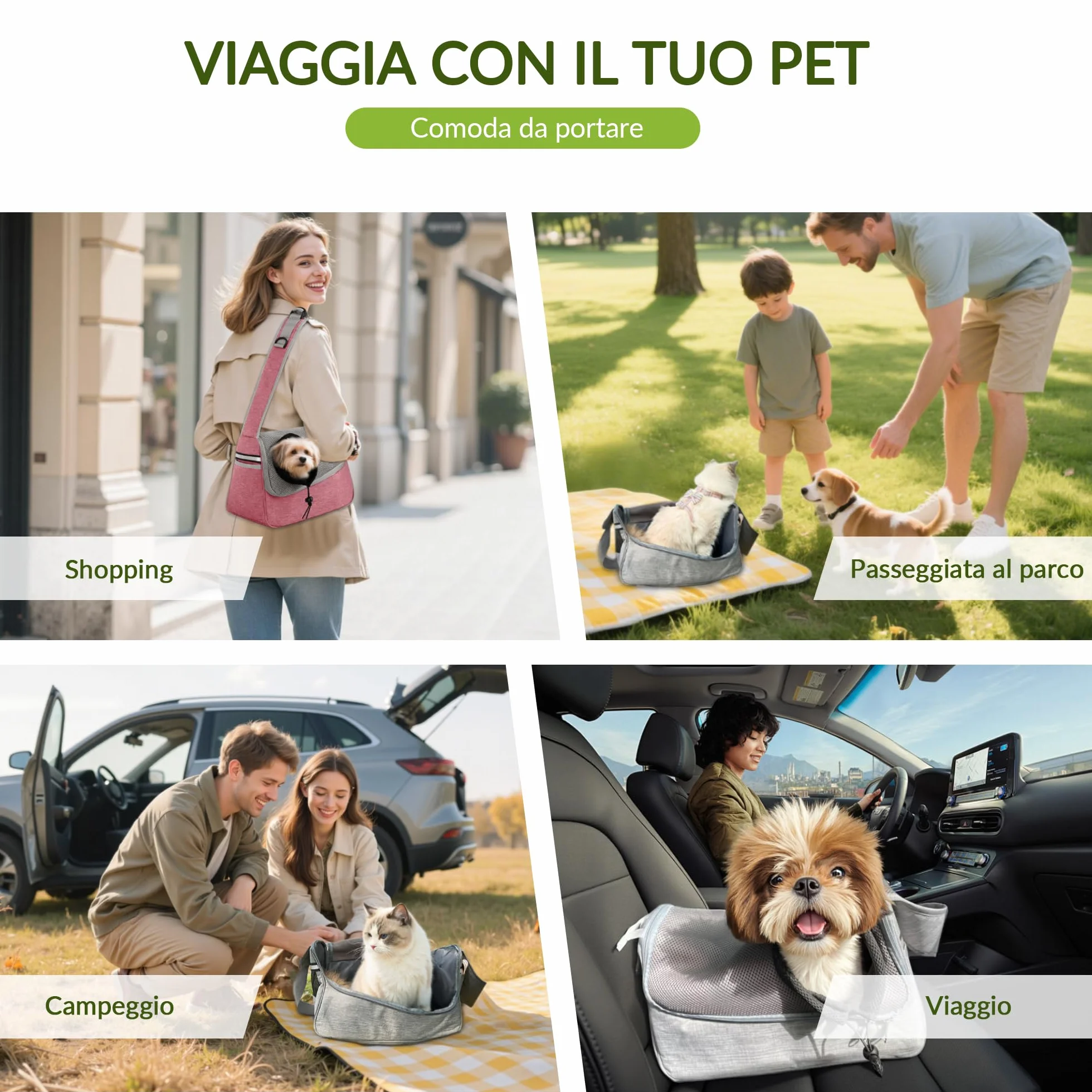 ALLSOPETS Borsa per Cani Piccoli e Gatti, Marsupio Traspirante con Tracolla Regolabile e Tasca Laterale, Trasportino da Viaggio Grigio Nero