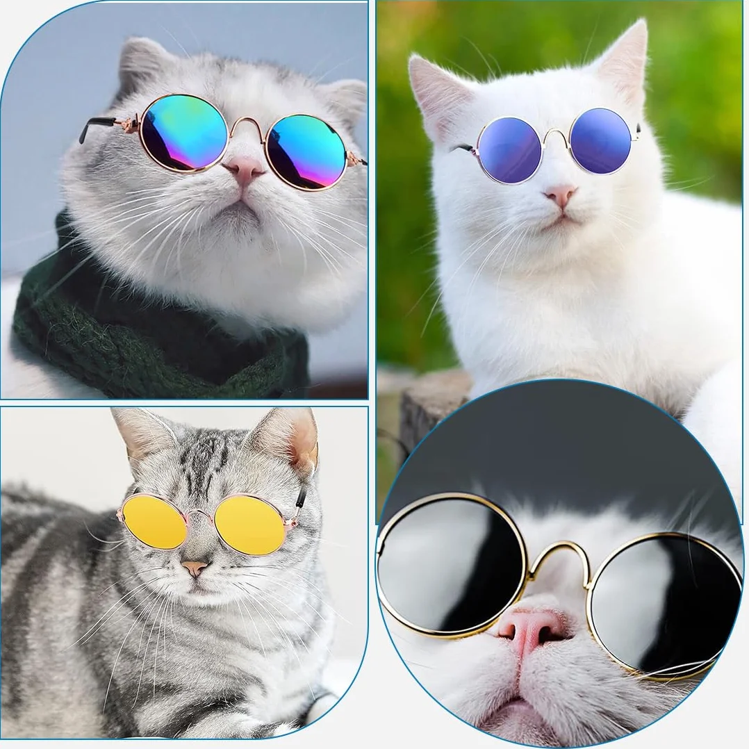 4 pezzi Occhiali da sole per gatti, Occhiali da sole da gatto, Simpatici occhiali da sole per animali, Occhiali da sole rotondi, Protezione dai raggi UV, per feste, cosplay