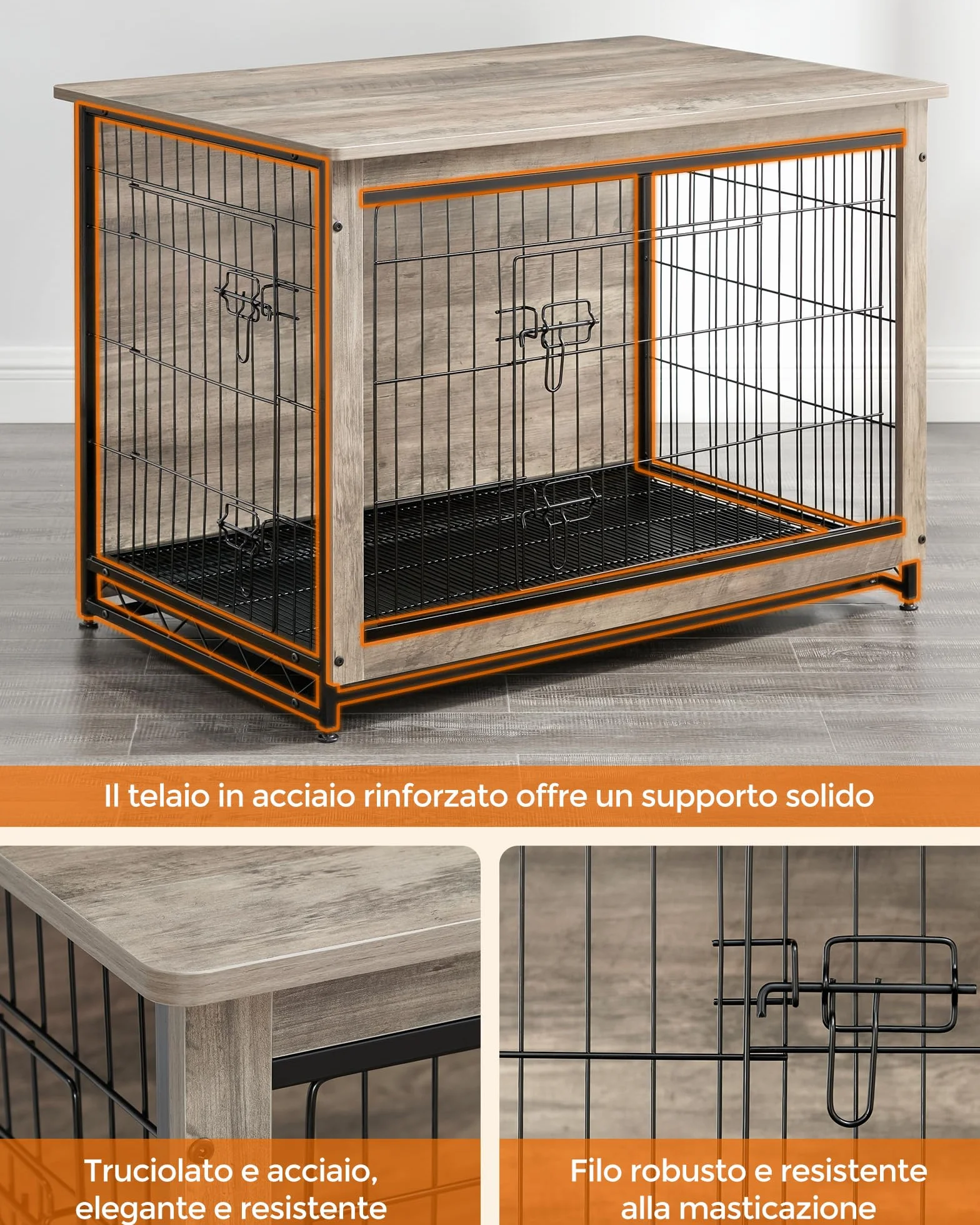 Feandrea Gabbia per Cani 32 kg Mobile Tavolino Cuccia Moderna 2 Porte Greige PFC003G01