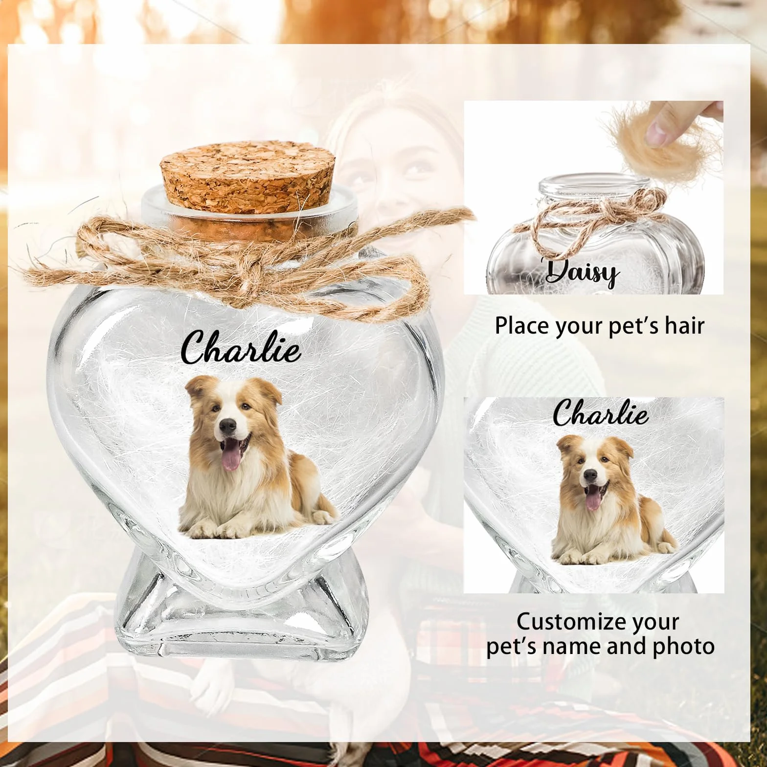 Barattolo di Vetro a Forma di Cuore Personalizzato per Animali Domestici, con Foto e Nome Personalizzabili. può Contenere Ceneri o Pelo. Regalo commemorativo per Animali Domestici (Heart)