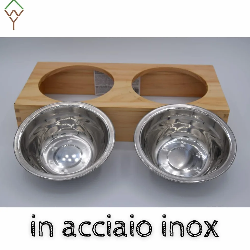 Ciotole per cani gatti personalizzate in acciaio inox con supporto in legno