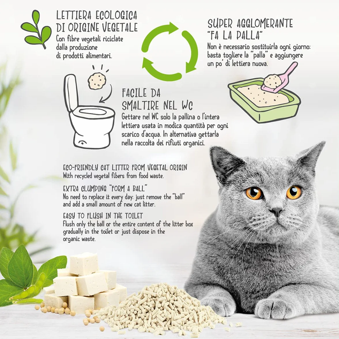 Cat&Rina BeNatural, lettiera per gatti al tofu da 5,5l. Lettiera gatto agglomerante di origine vegetale. Fino a 30 giorni di utilizzo. Si smaltisce nell'organico o nel wc. Sabbia gatti classica.