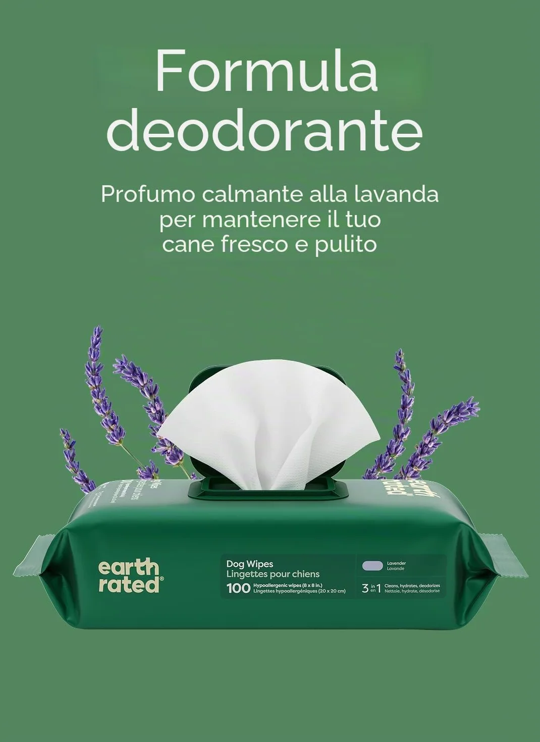 Earth Rated Salviette ipoallergeniche per Cani, puliscono ed eliminano Gli odori da Zampe, Corpo e Sedere, profumati alla Lavanda, 100 Pezzi