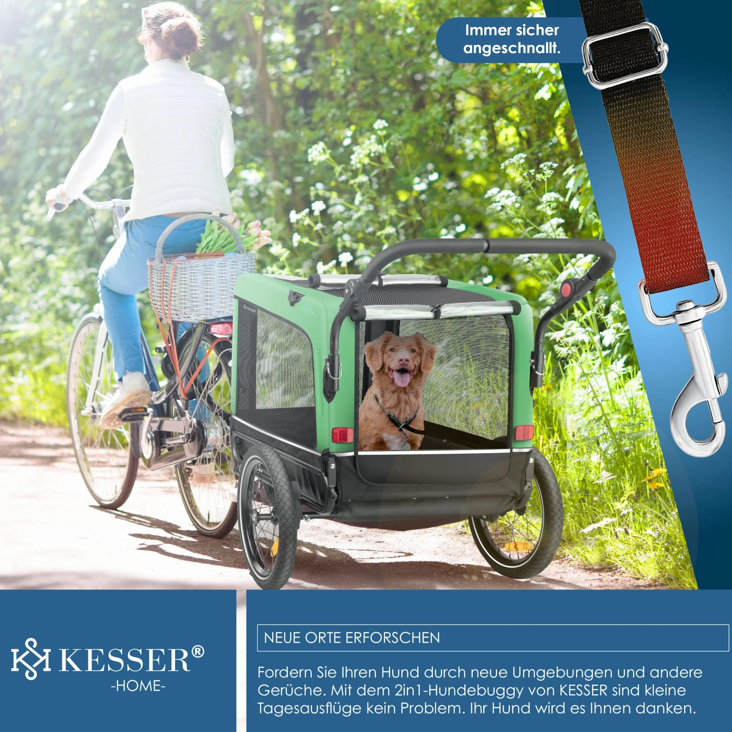 KESSER® Boxer 3-in-1 Rimorchio per Cani, circa 240 Litri di Volume, Tela Oxford 600D, SmartSpace Concept, max. 40 kg incluso Supporto per Bevande e Smartphone, molleggiato