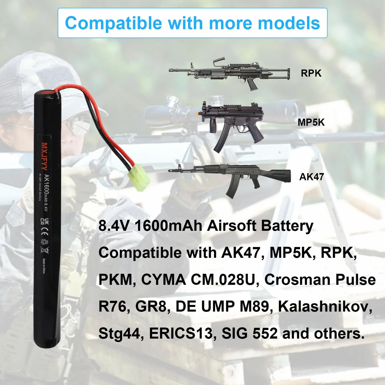 Batteria ricaricabile Airsoft NiMH 2/3 A 8,4 V 1600 mAh per pistole RPK PKM G36C AK47 MP5K