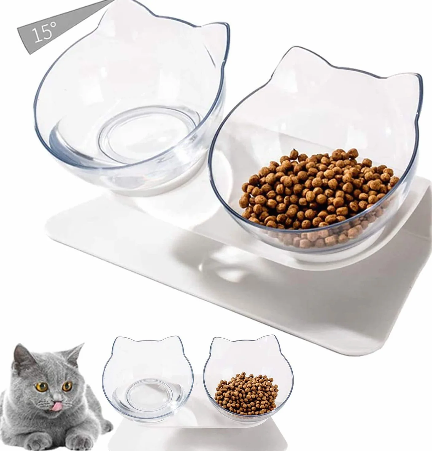 NC Ciotole Cibo per Gatti, Ciotole Inclinabili 15°, Doppie per Alimenti Ciottola Trasparente Gatto