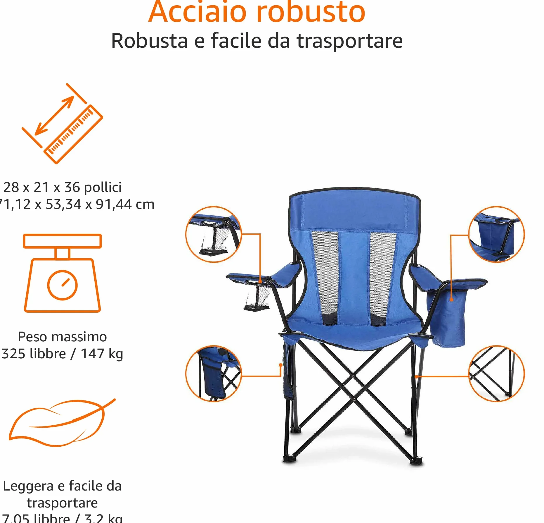 Amazon Basics Sedia da campeggio con tasca termica, Blu