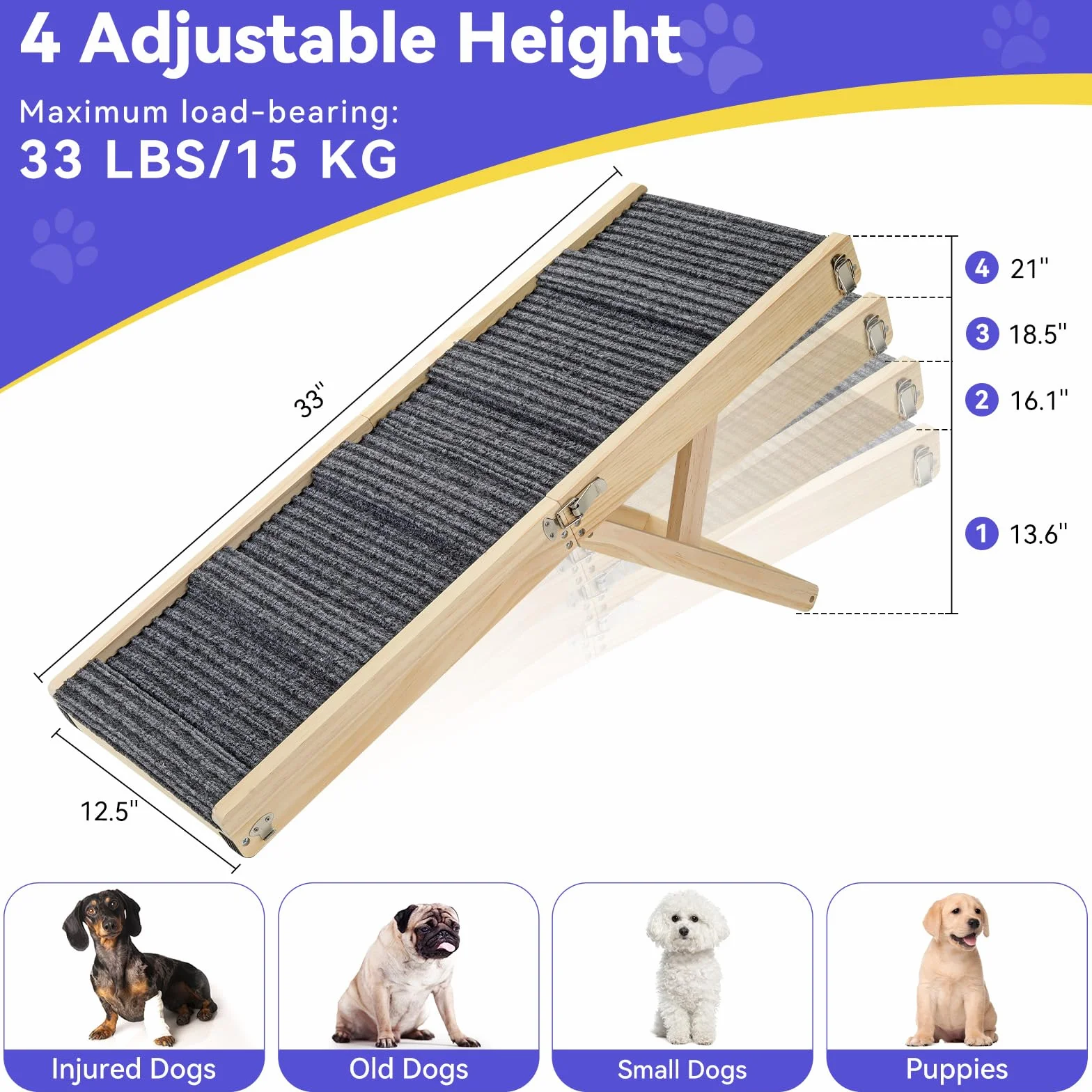 Piccola Rampa per Cani Pieghevole in Legno per Divano e Letto, 4 Altezze Regolabili da 13" a 21", Gradini Stabili con Cuscinetto Antiscivolo