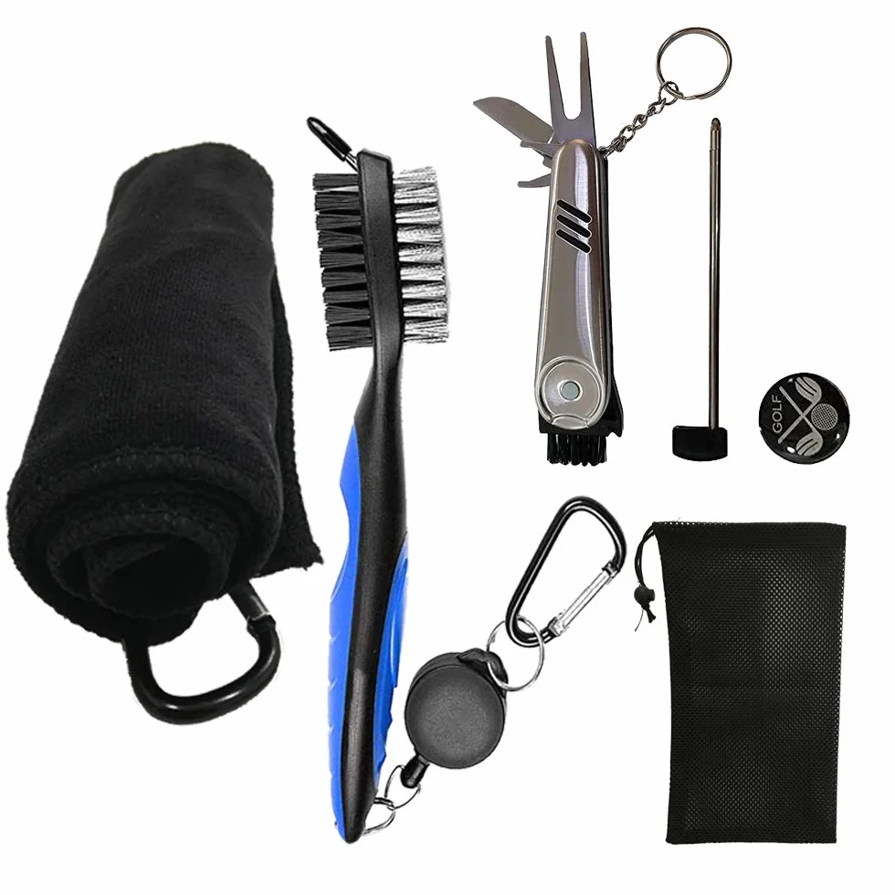 Kit Accessori Golf Spazzola Asciugamano Strumento Riparazione Marcatore Palline