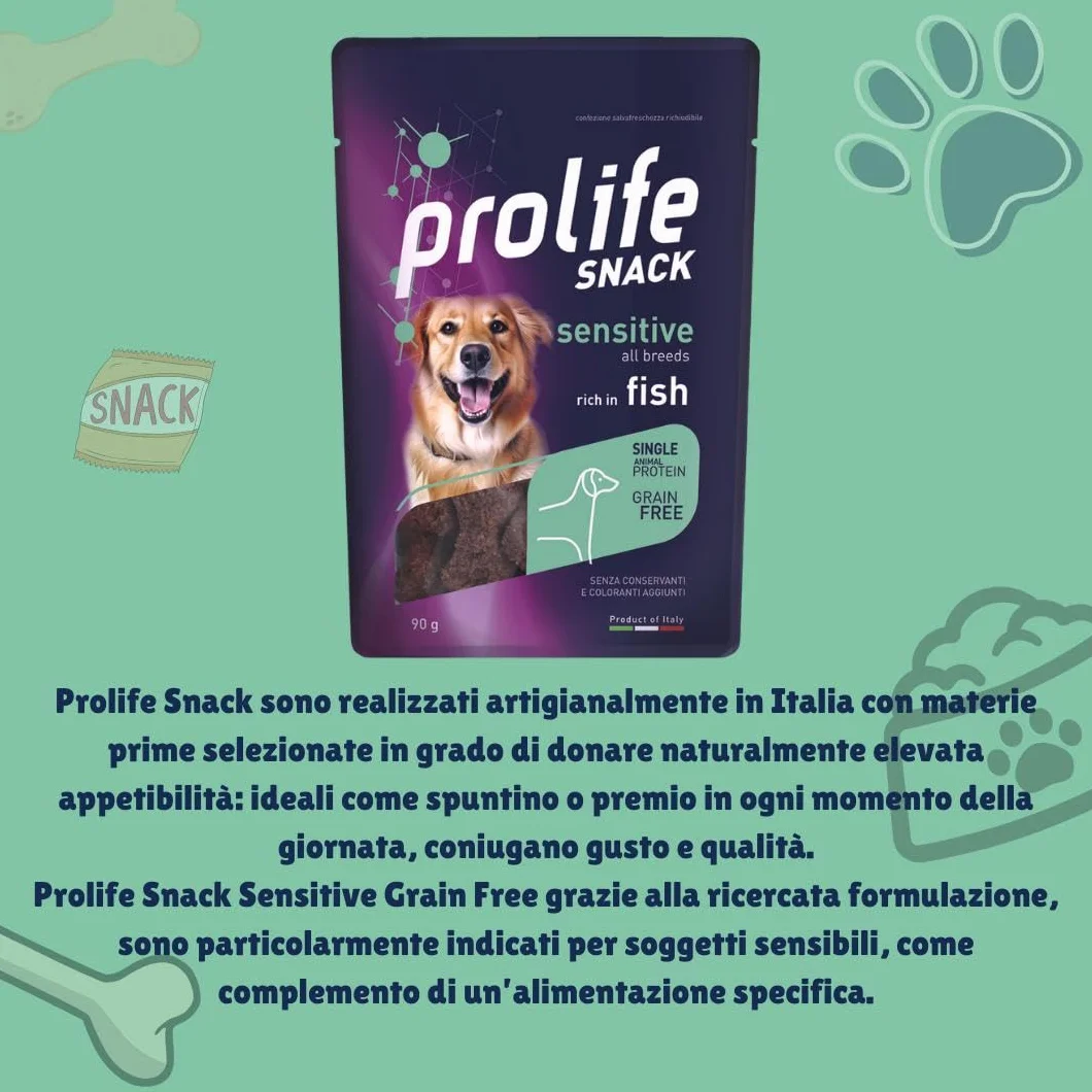 Prolife Snack Cane Adult Sensitive gusto SALMONE, snack per cani adulti di tutte le taglie senza conservanti e senza cereali, grainfree, monoproteico | 3 bustine da 90 grammi l’una.