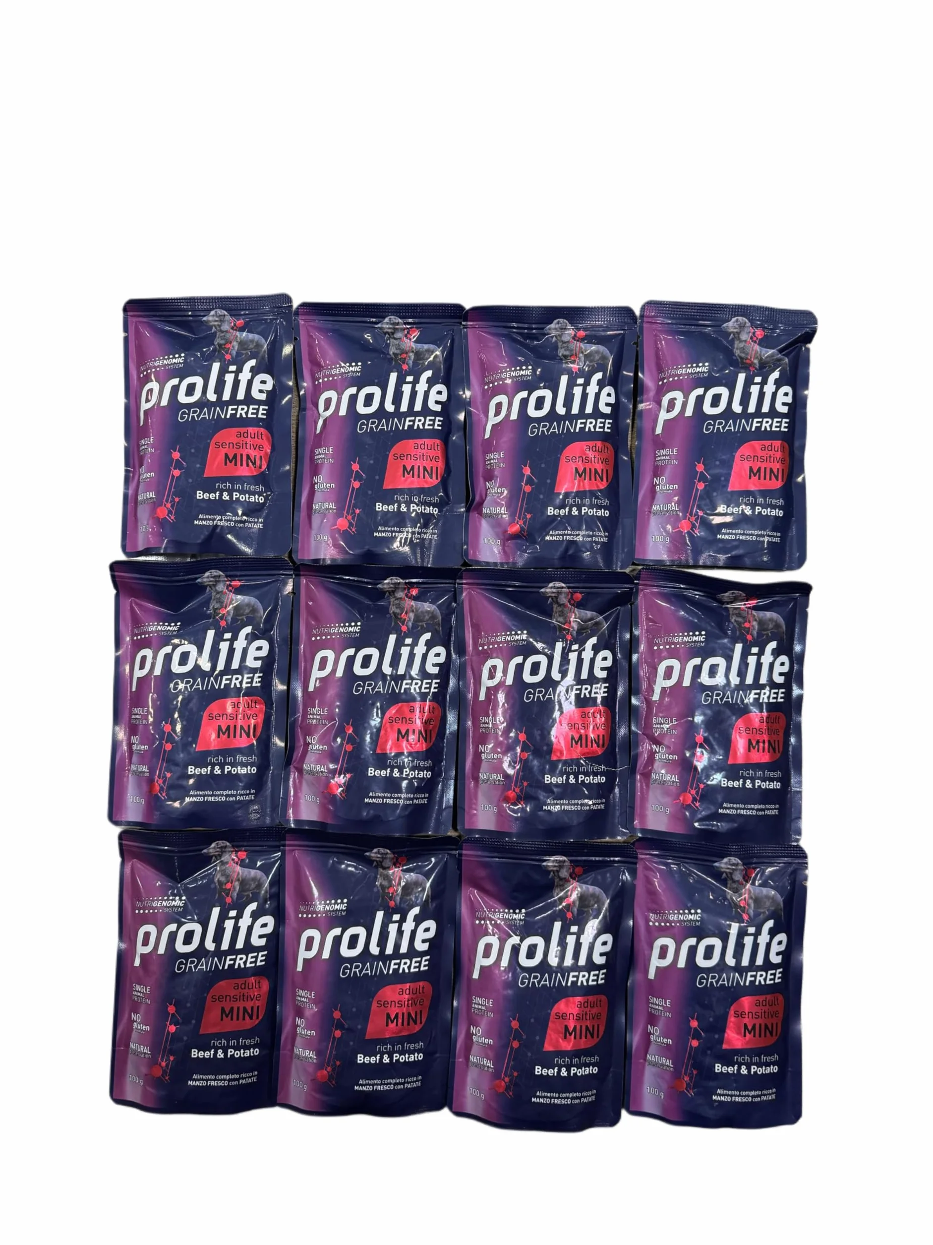 Prolife umido cane monoproteico sensitive grainfree (senza cereali) adult mini MANZO e PATATE 100g | 12 bustine da 100 grammi l'una.