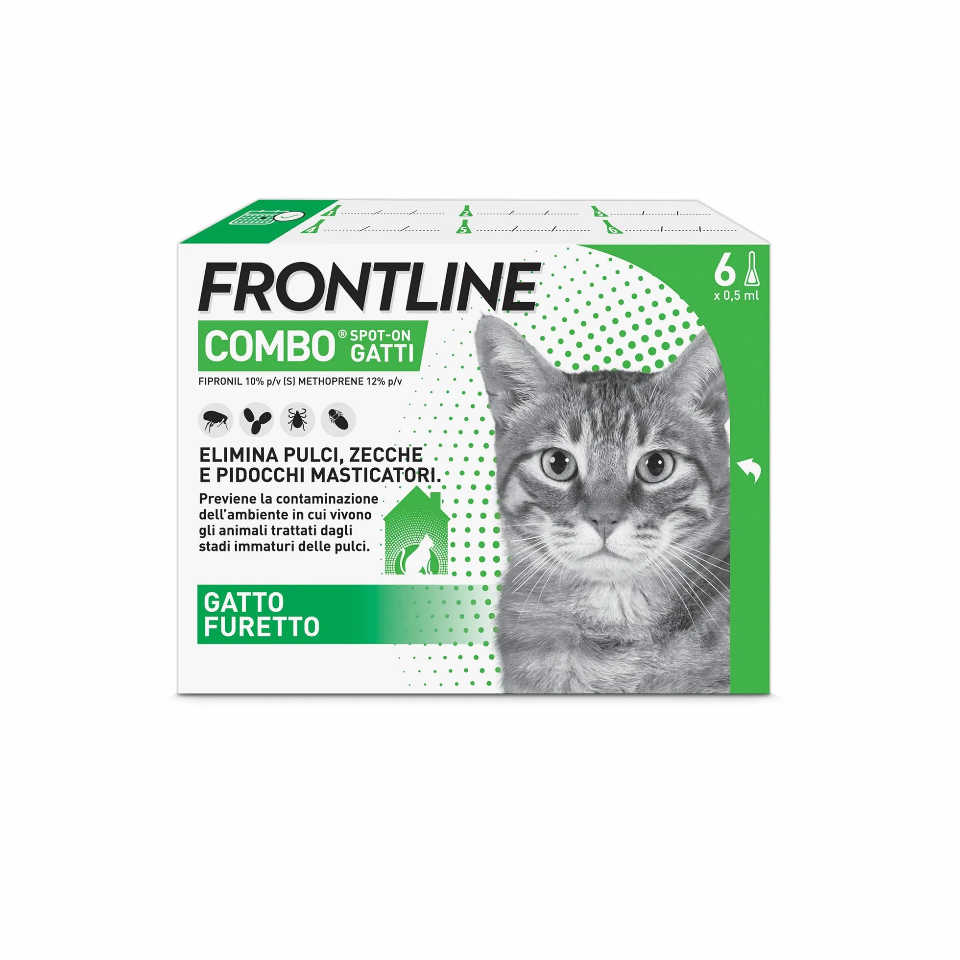 FRONTLINE Combo 6 Pipette Antiparassitario per Gatti Lunga Durata Protegge da Pulci Zecche Uova Larve 0.5 ml