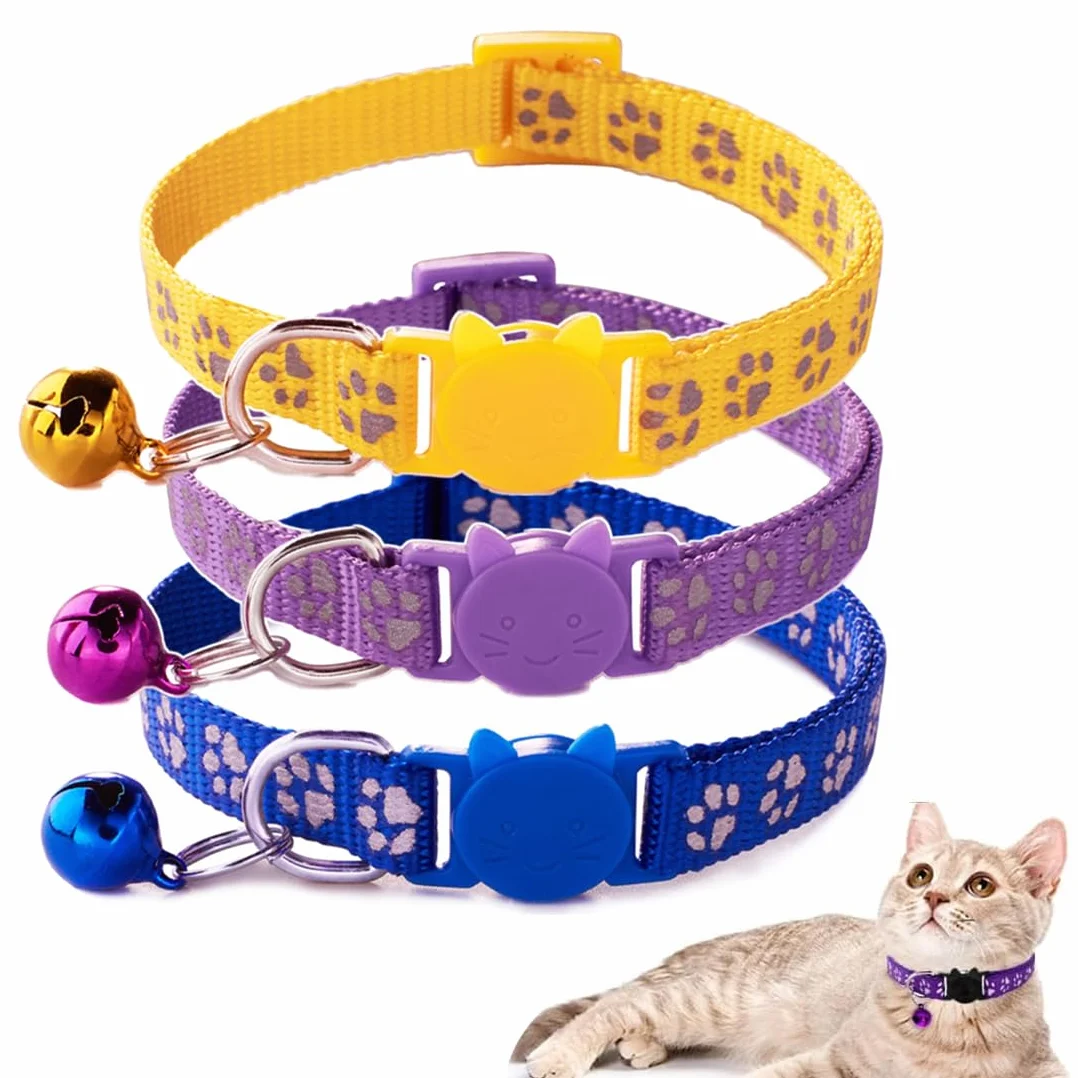 GXGM 3 Pezzi Collare Gatto Antistrozzo con Fibbia di, Sicurezza e Campanello, Regolabile Collare per Gatti, Sicuro Nylon Accessorio per Animali Domestici, Personalizzato (Blu Viola Giallo)