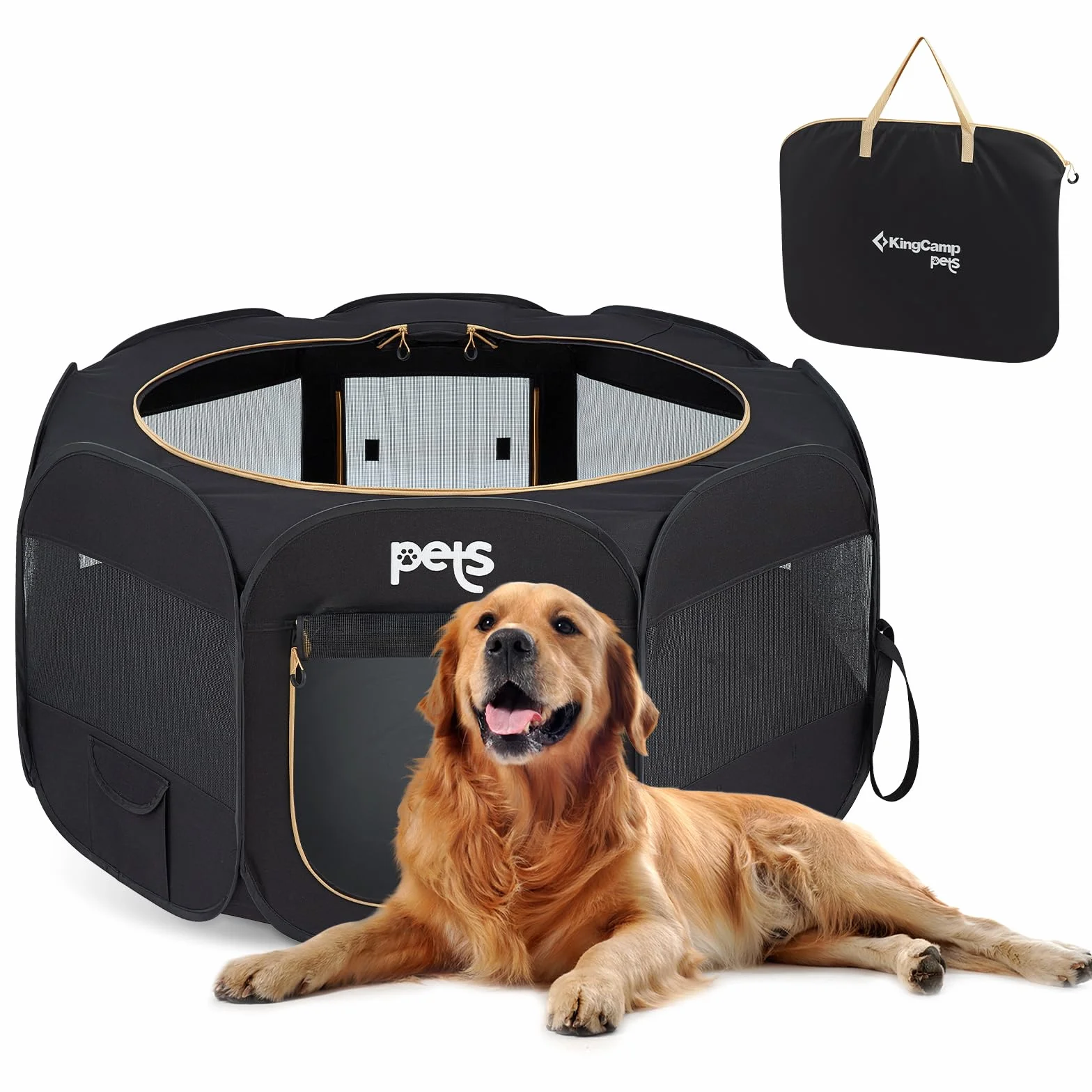 KingCamp Recinto Gioco per Cani 127 x 127 x 60 cm, Pop-up Recinzione Pieghevole con Rete Traspirante per Animali Domestici, Portatile Box per Gatto Coniglio Interno Esterno, in Tessuto Oxford, Nero L