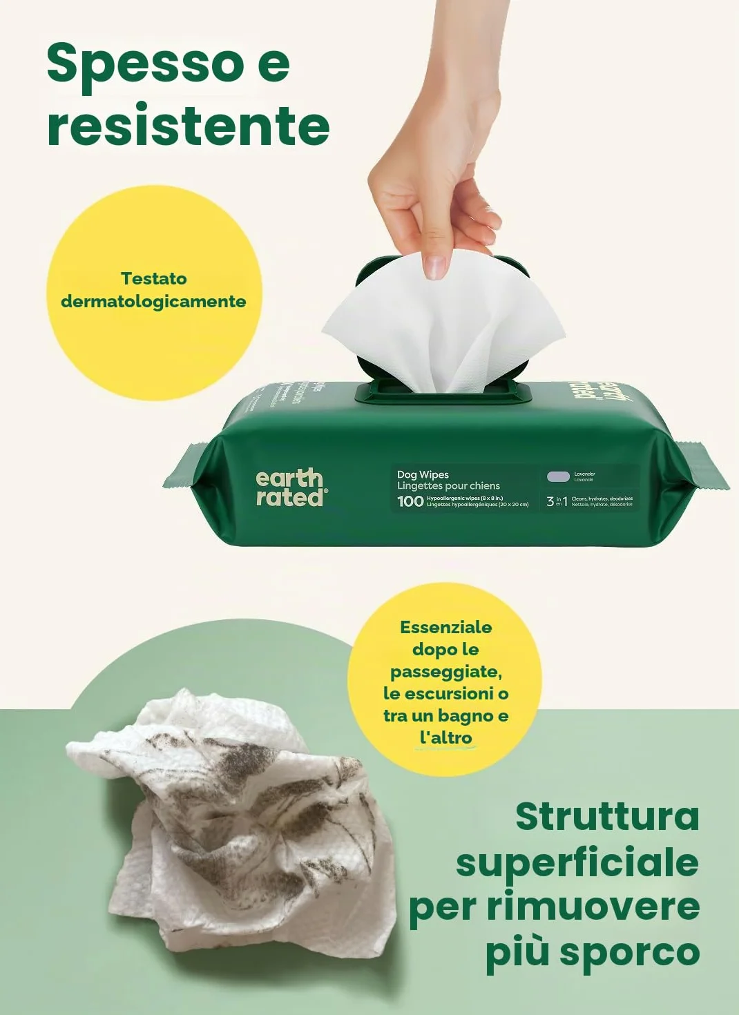 Earth Rated Salviette ipoallergeniche per Cani, puliscono ed eliminano Gli odori da Zampe, Corpo e Sedere, profumati alla Lavanda, 100 Pezzi