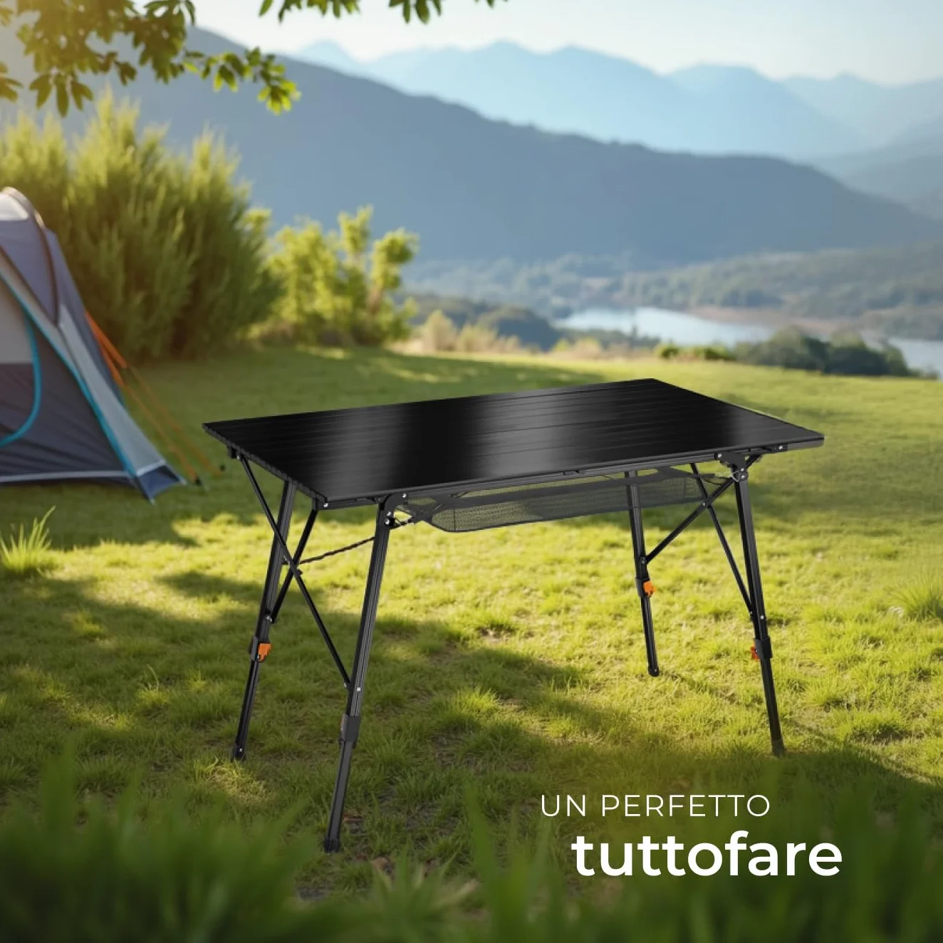 Tavolo da Campeggio Pieghevole in Alluminio Bastian Regolabile in Altezza Nero