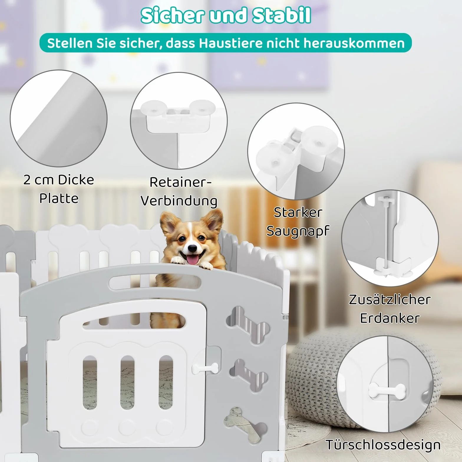 MAMIZO Recinto per Cani Interno Esterno 60cm, Box Cani 7+1 Pannelli Pieghevole, Recinto Gatti Plastica con Cancello, Grigio-Bianco